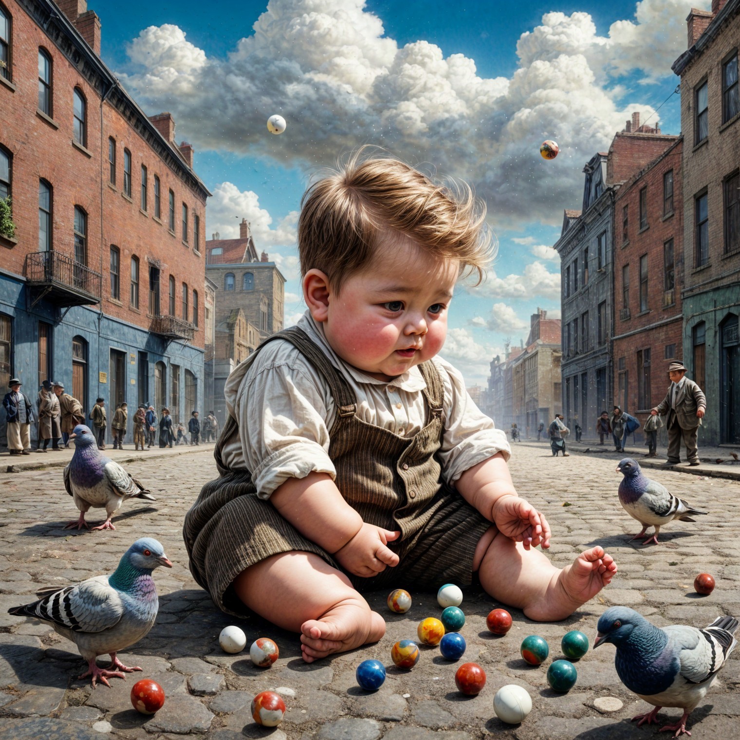 Chubby Baby on Cobblestones with Marbles and Pigeons