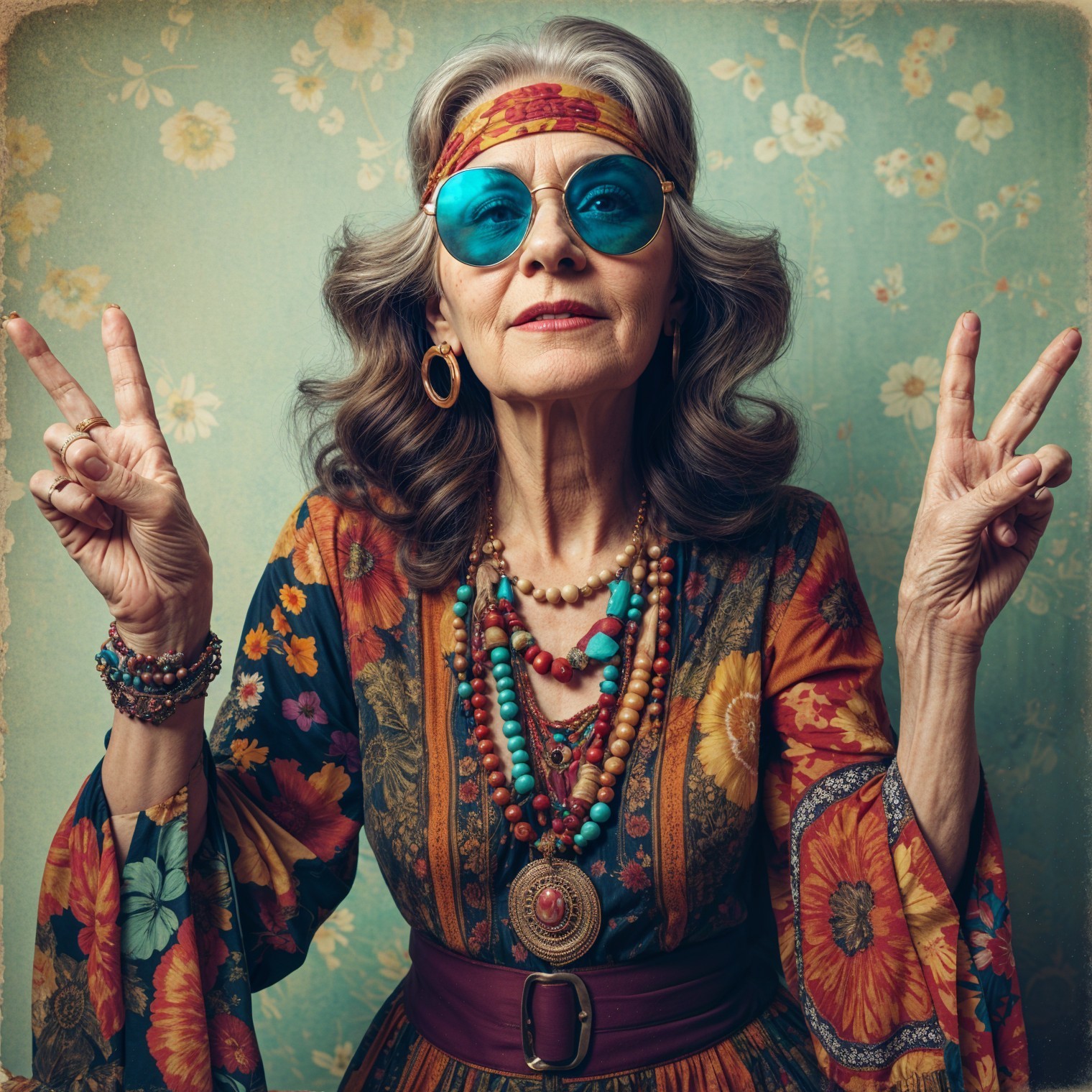 Stylish Older Woman in Floral Dress with Bohemian Vibe