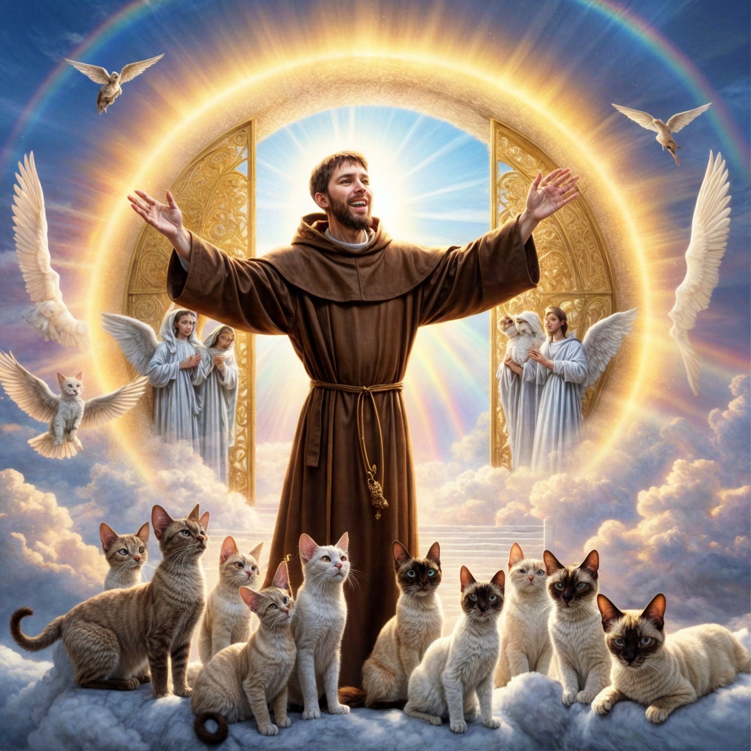 Joyful Figure with Golden Gates and Peaceful Cats