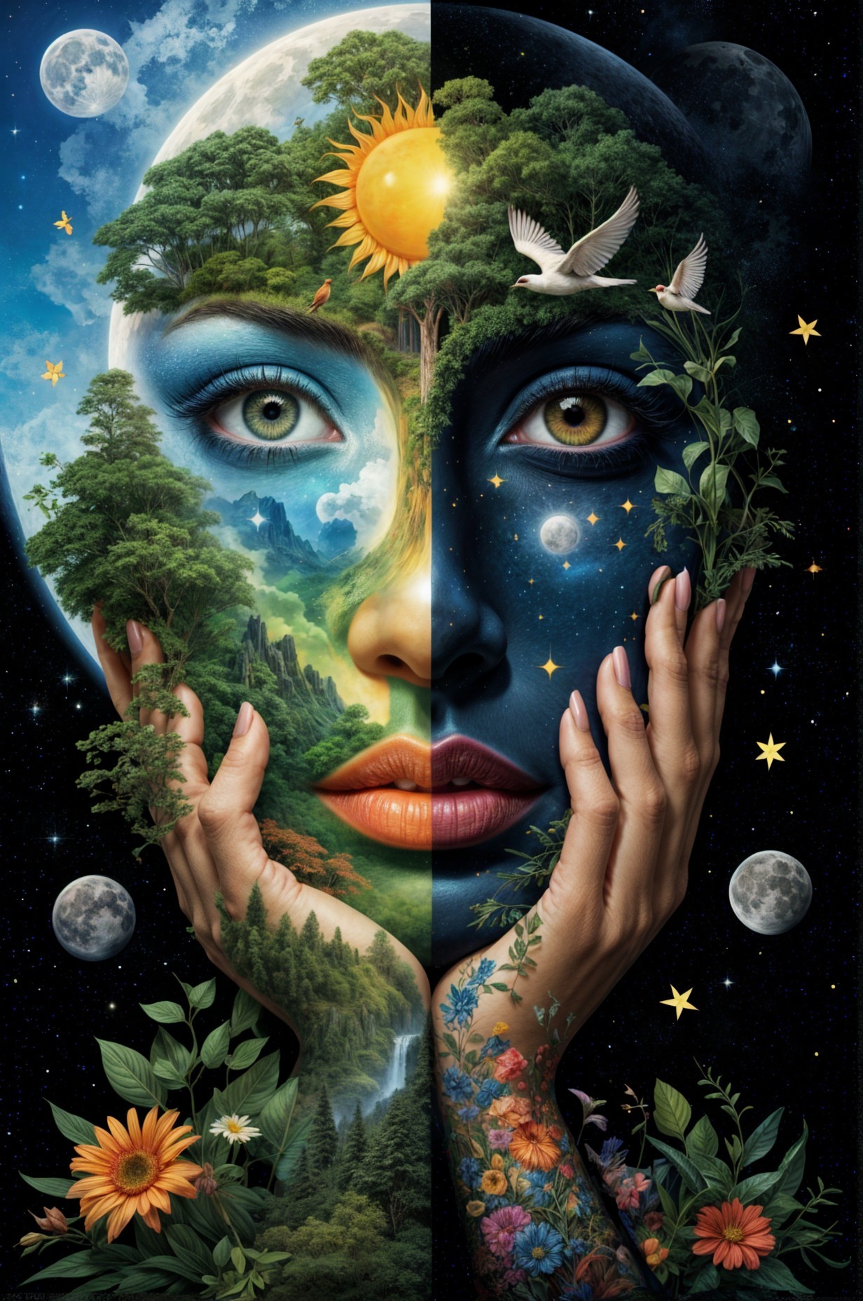 Split Face of Woman Representing Day and Night Themes