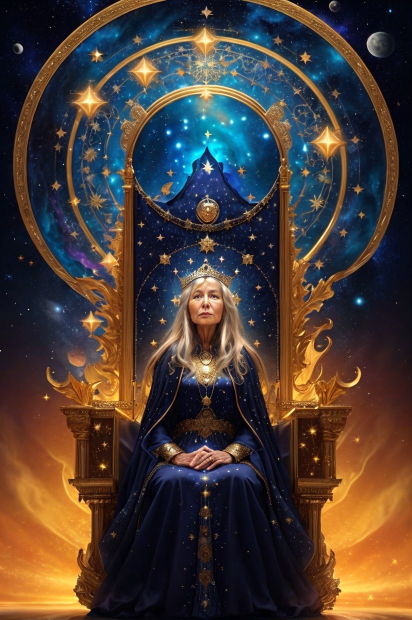 Celestial Queen on Golden Throne in Cosmic Scene