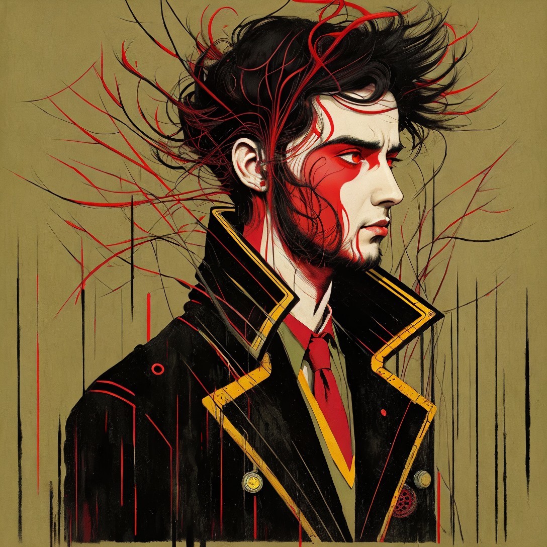 Stylized portrait of a young man with red highlights