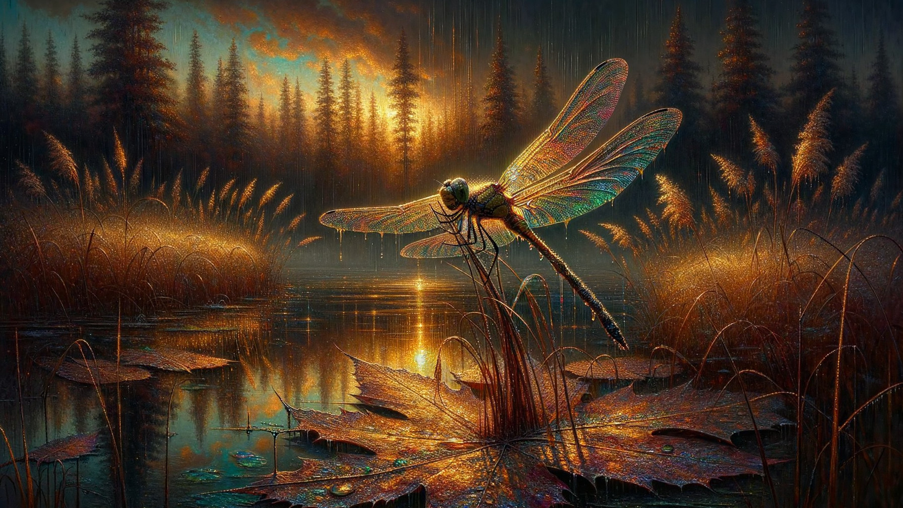 Twilight Scene with Dragonfly and Tranquil Pond