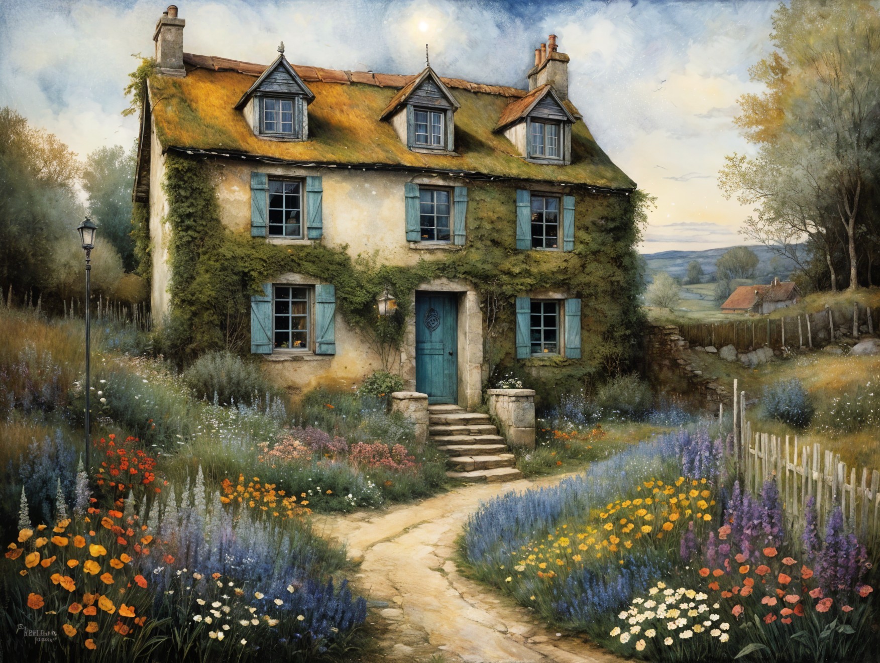 Watercolor Painting of a Charming Old-World Cottage