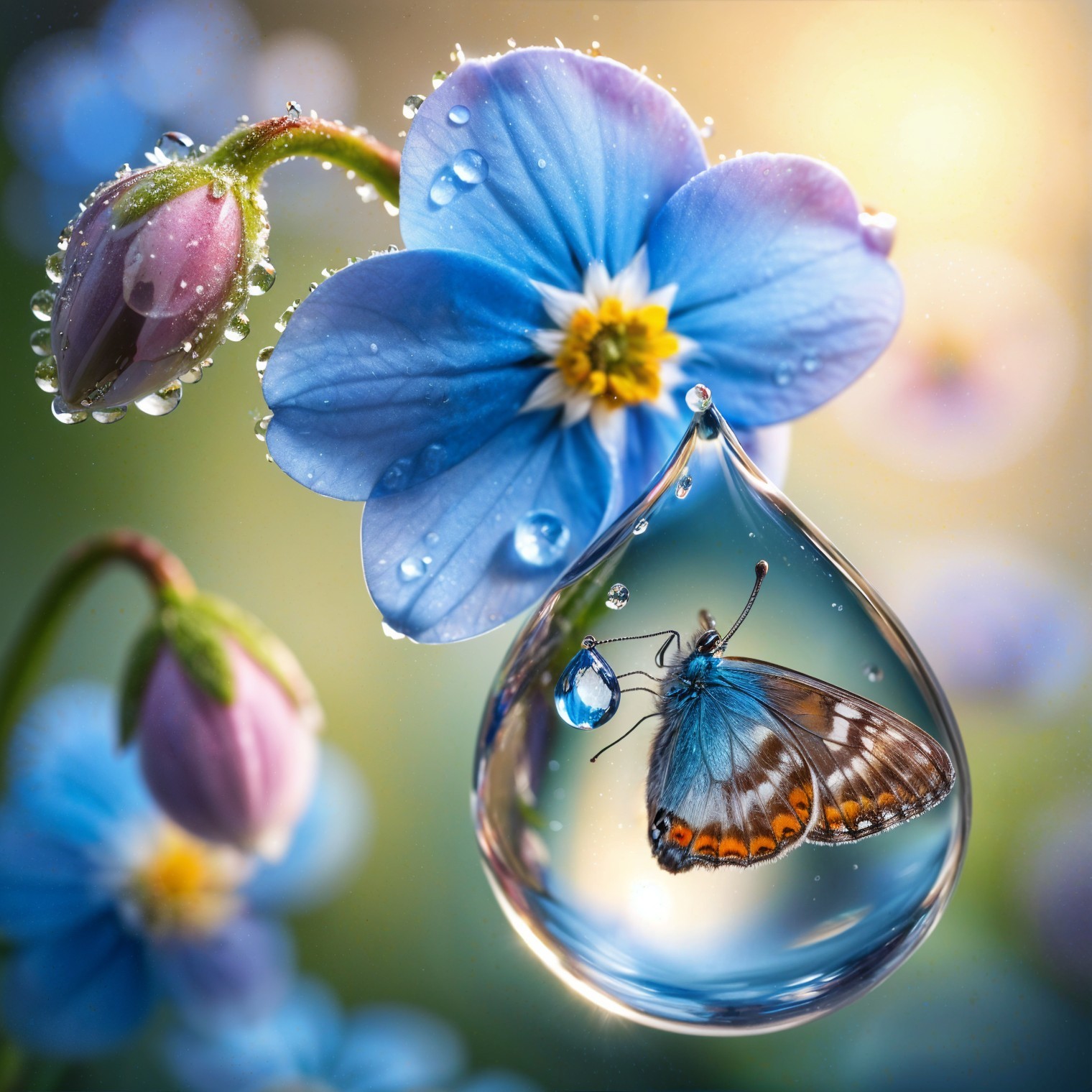 Delicate blue flower with water droplets and butterfly