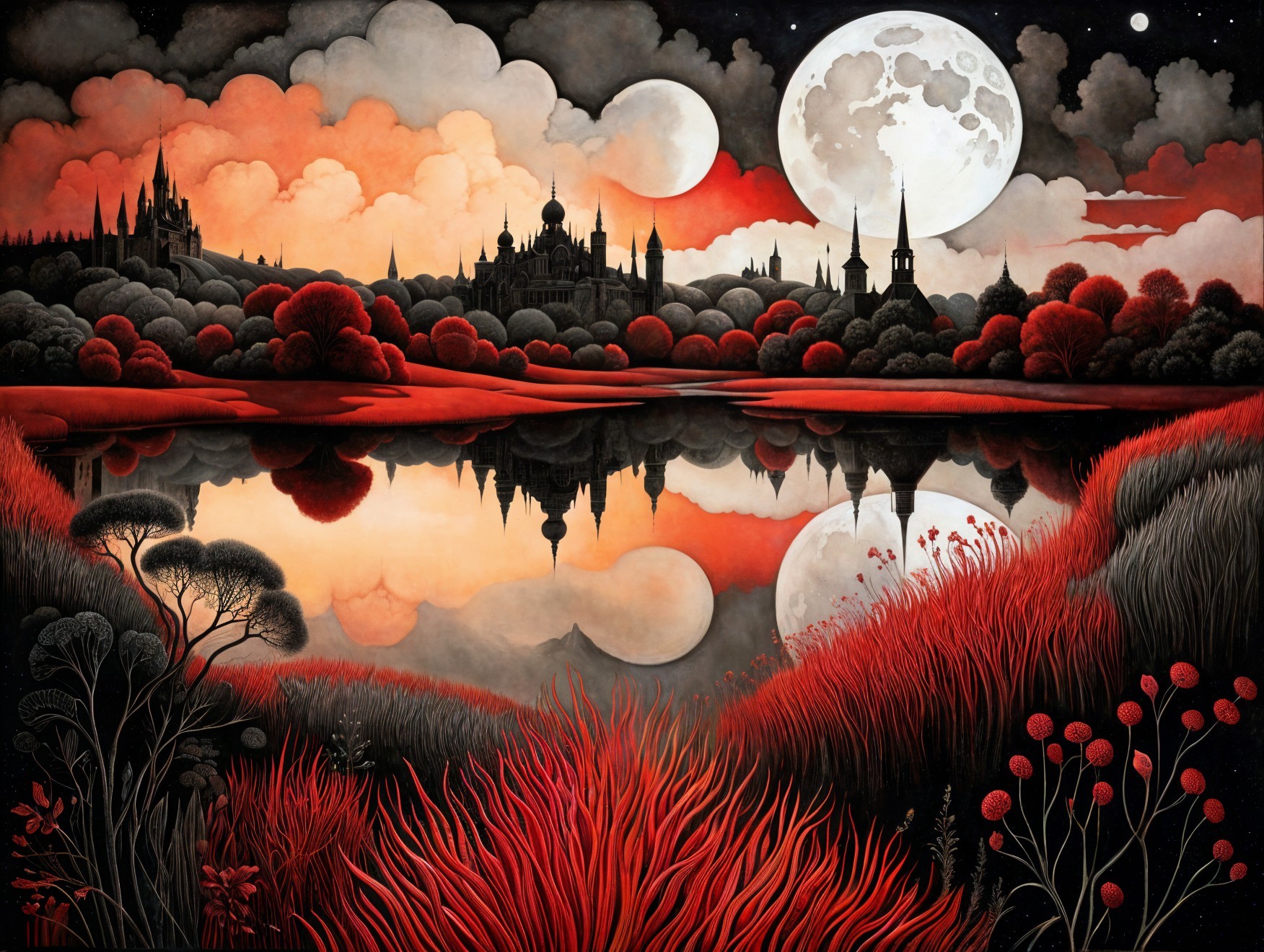 Surreal Landscape with Red and Black Shades