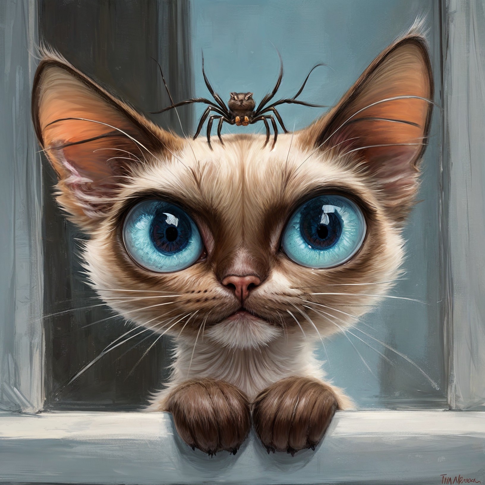 Whimsical Cat with Spider in a Window Scene