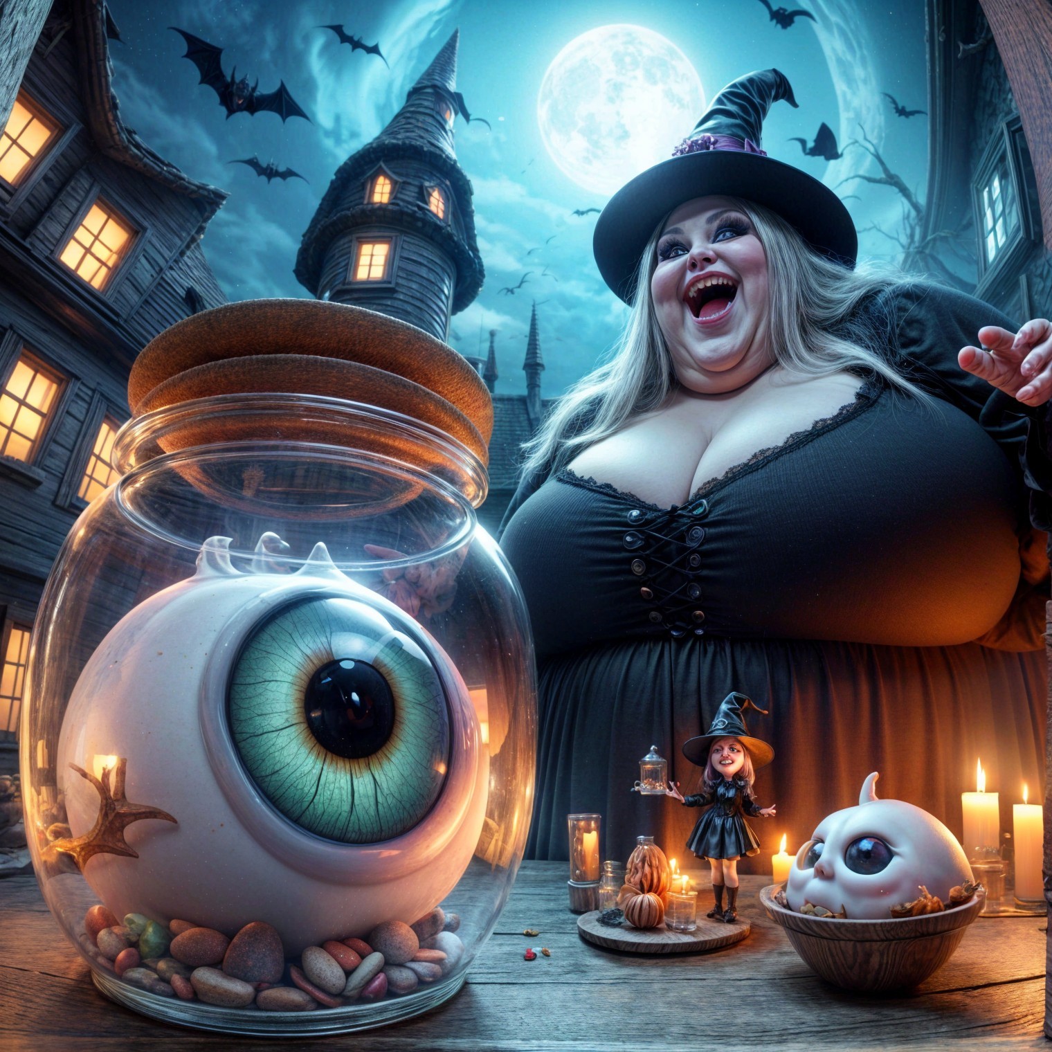Moonlit Scene with Witch and Giant Eyeball Jar