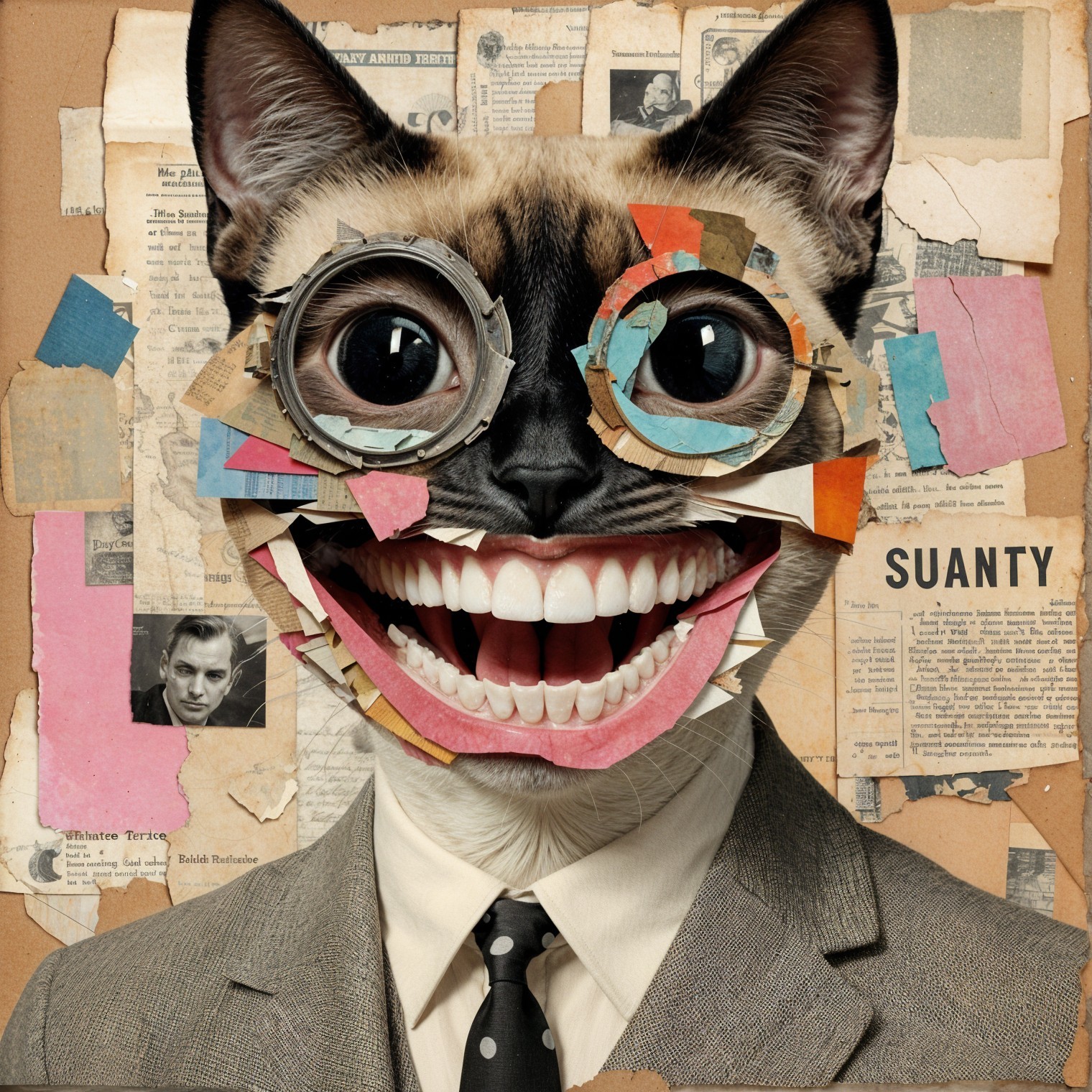 Surreal Cat Collage with Glasses and Formal Suit