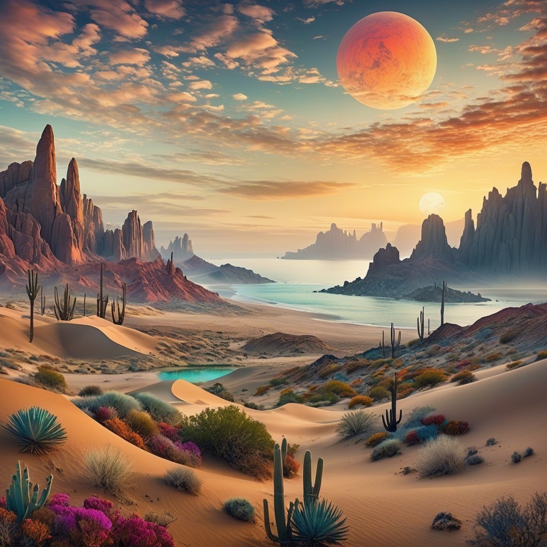 Vibrant Fantasy Desert Landscape at Sunset with Moon