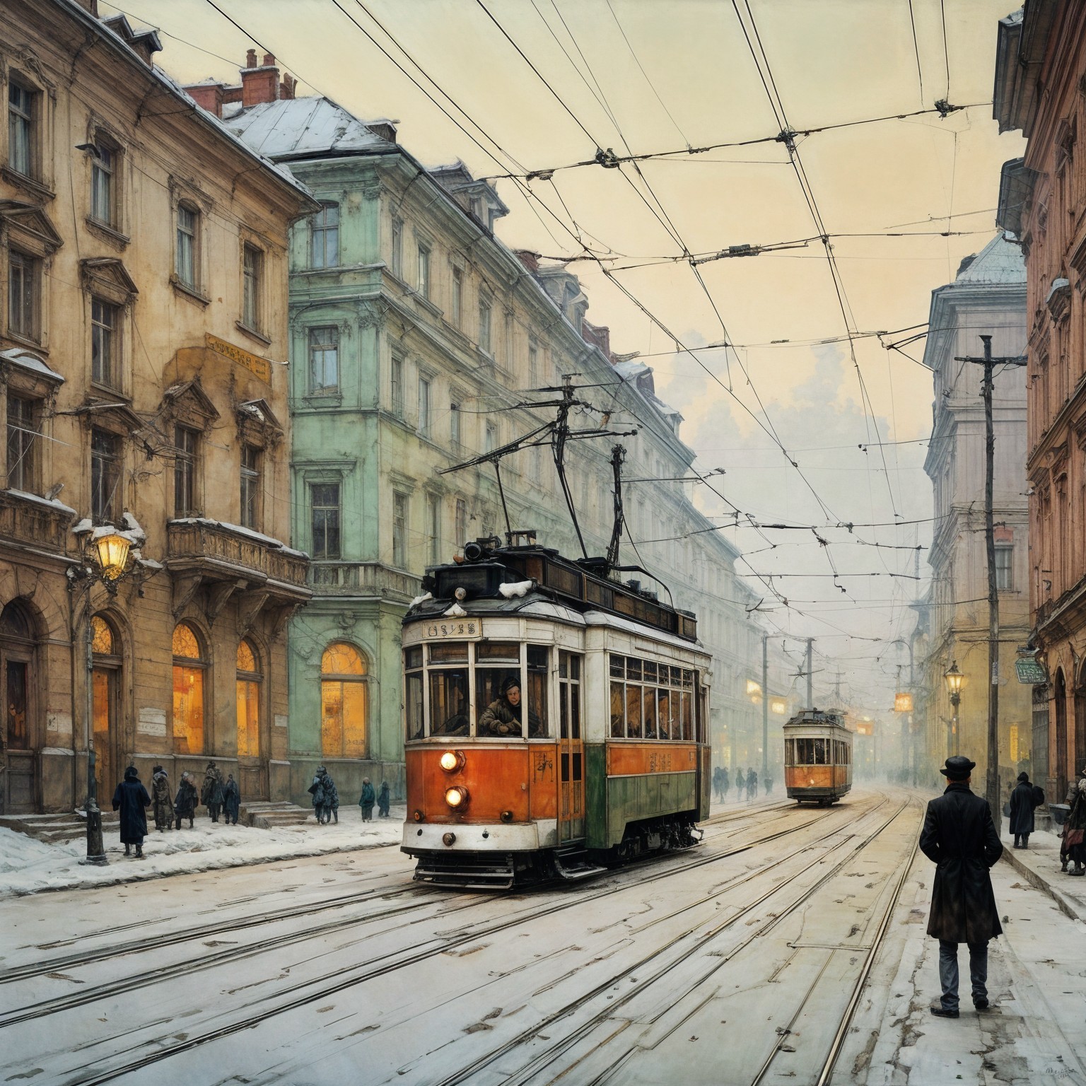 Vintage Snowy Urban Street Scene with Trams