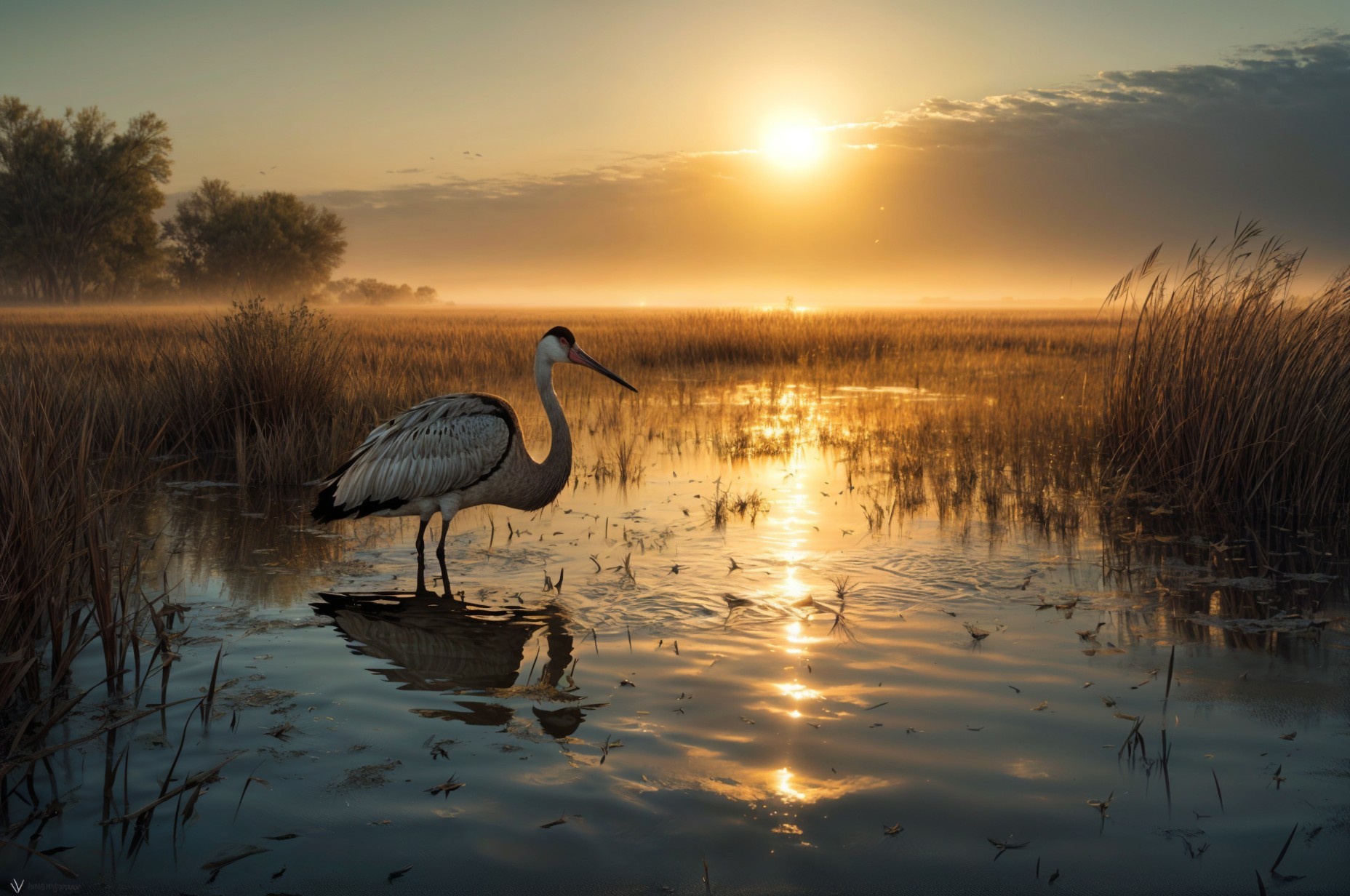 Serene Wetland Scene at Sunrise with Crane