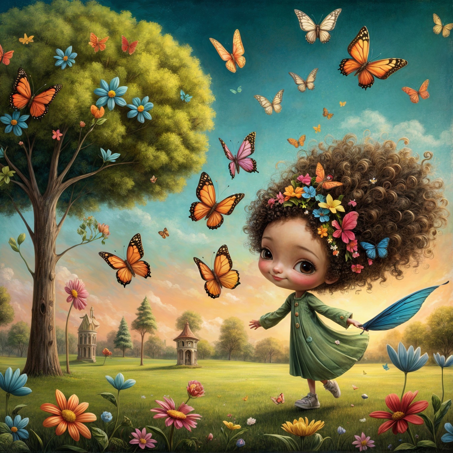 Whimsical Scene of a Girl in a Colorful Meadow