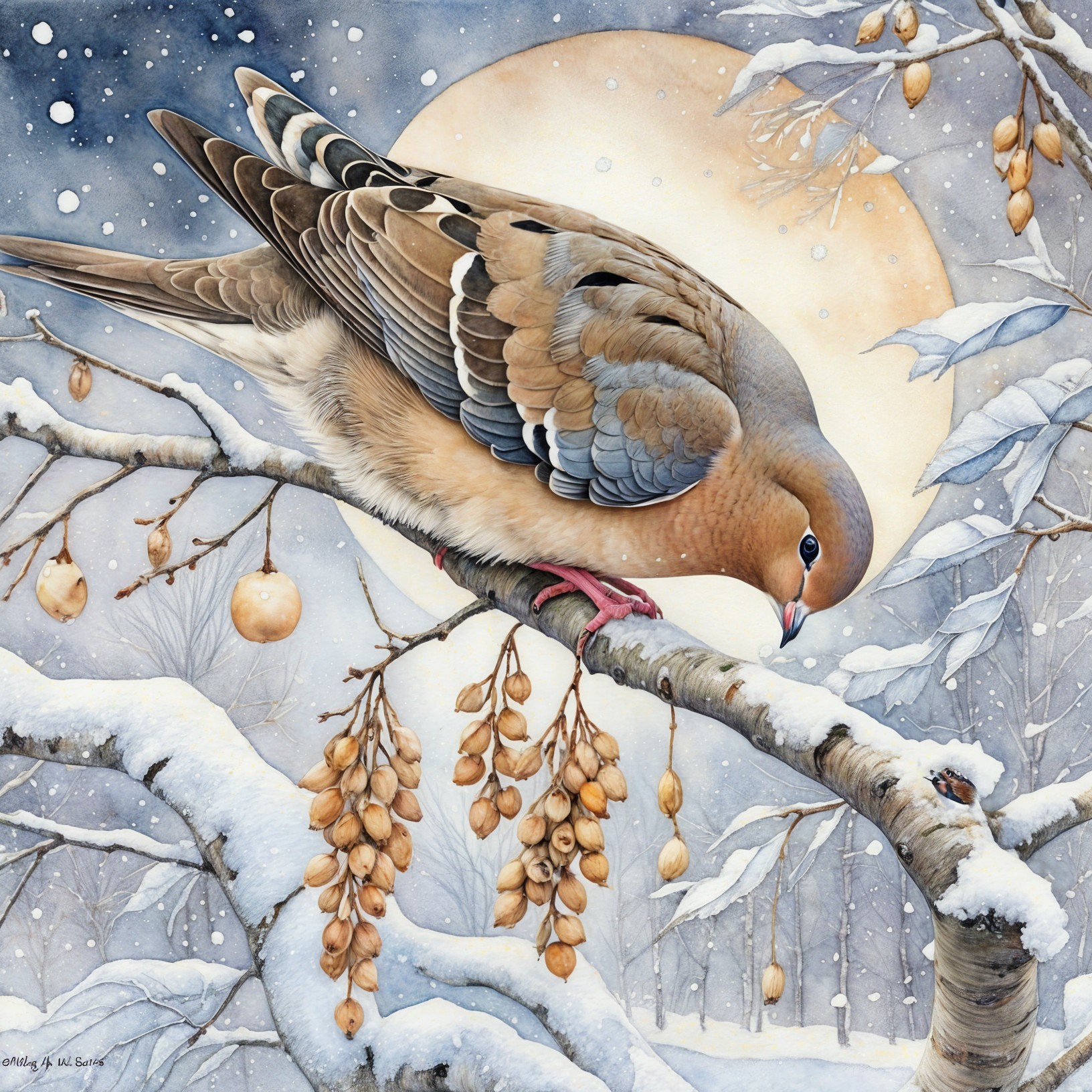 Serene winter landscape with snow-covered trees and birds