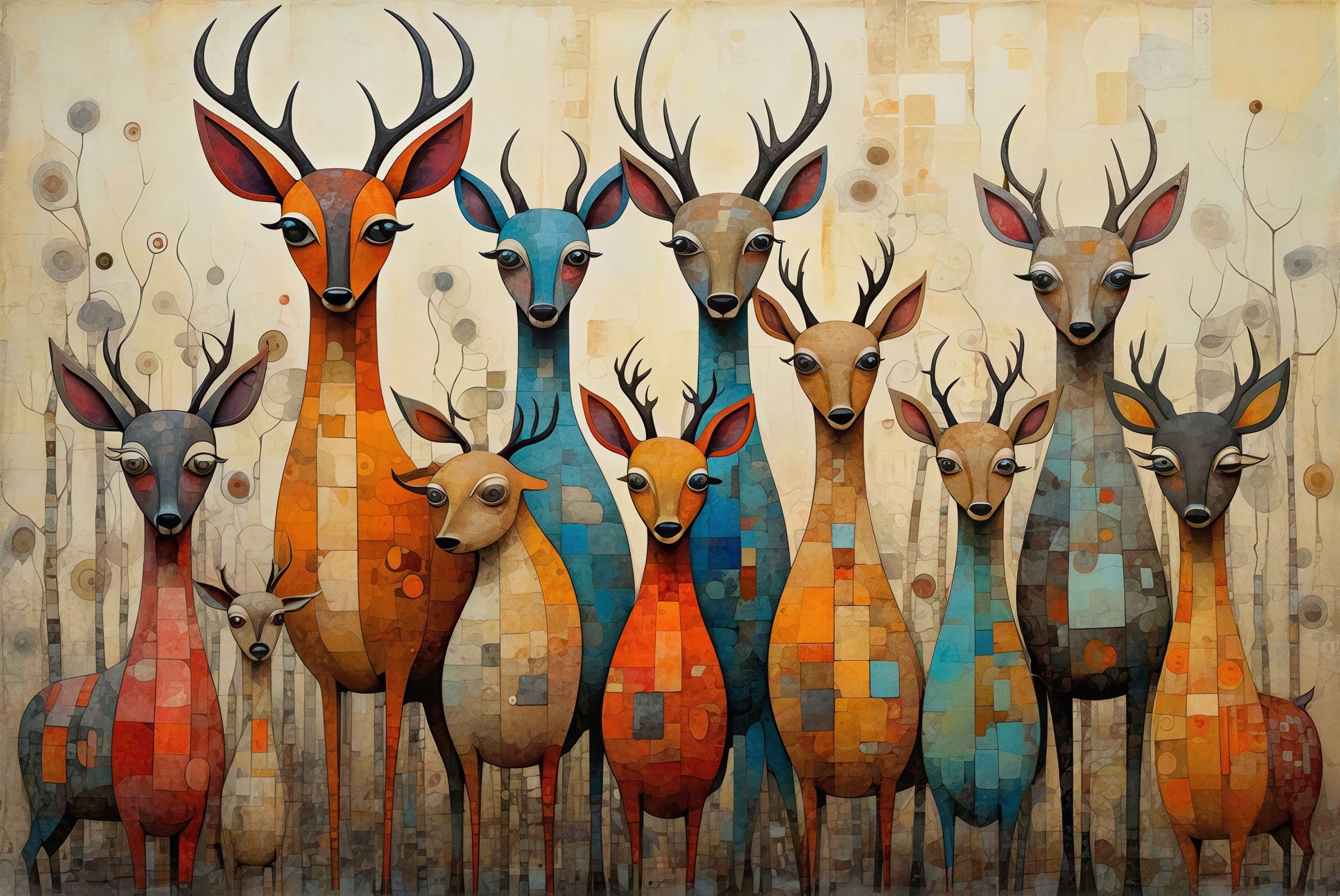 Stylized deer in illustrative forest setting with patterns