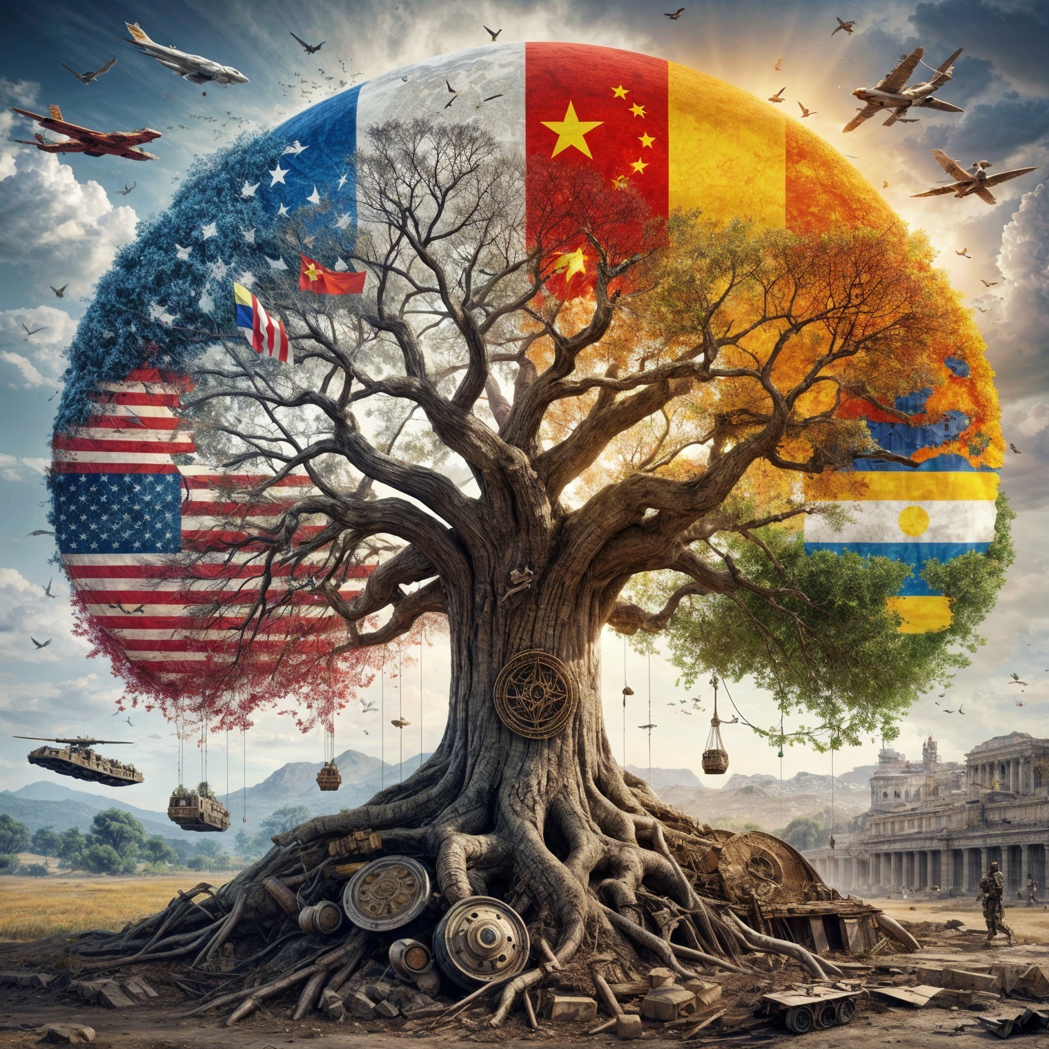 Tree with Country Flags Amidst Nature and Conflict