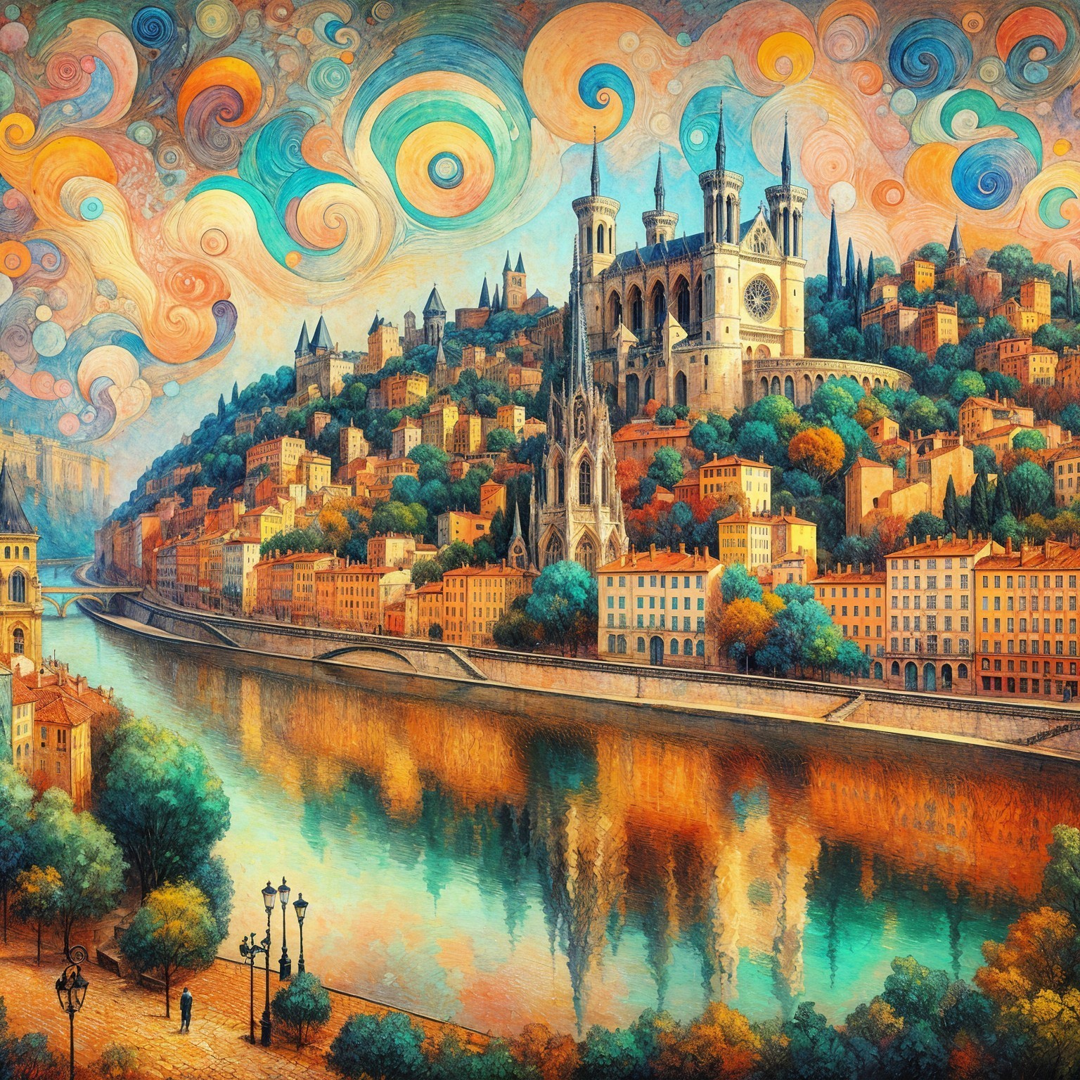 Vibrant Landscape with Cathedrals and Serene River