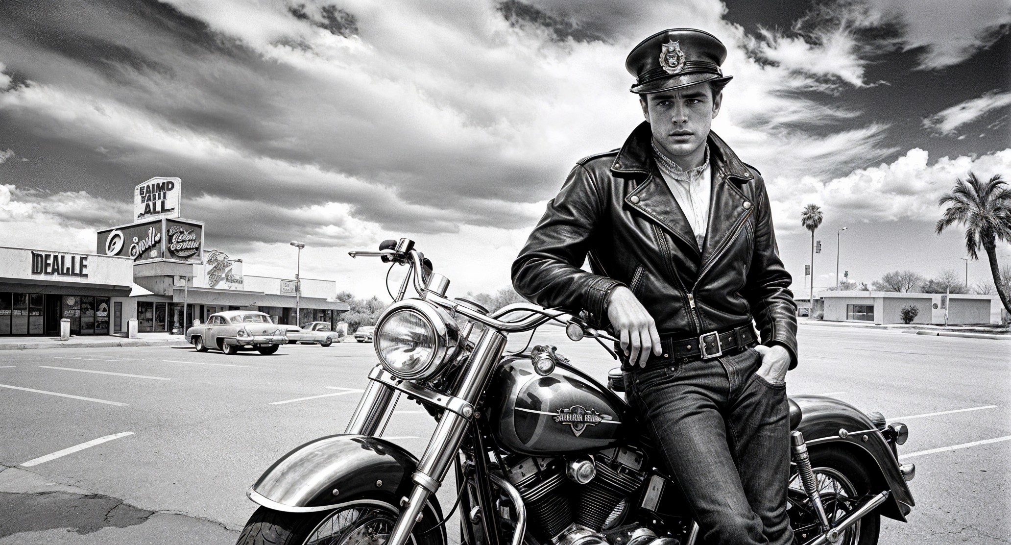 Vintage Motorcycle and Retro Diner Scene in Black-and-White