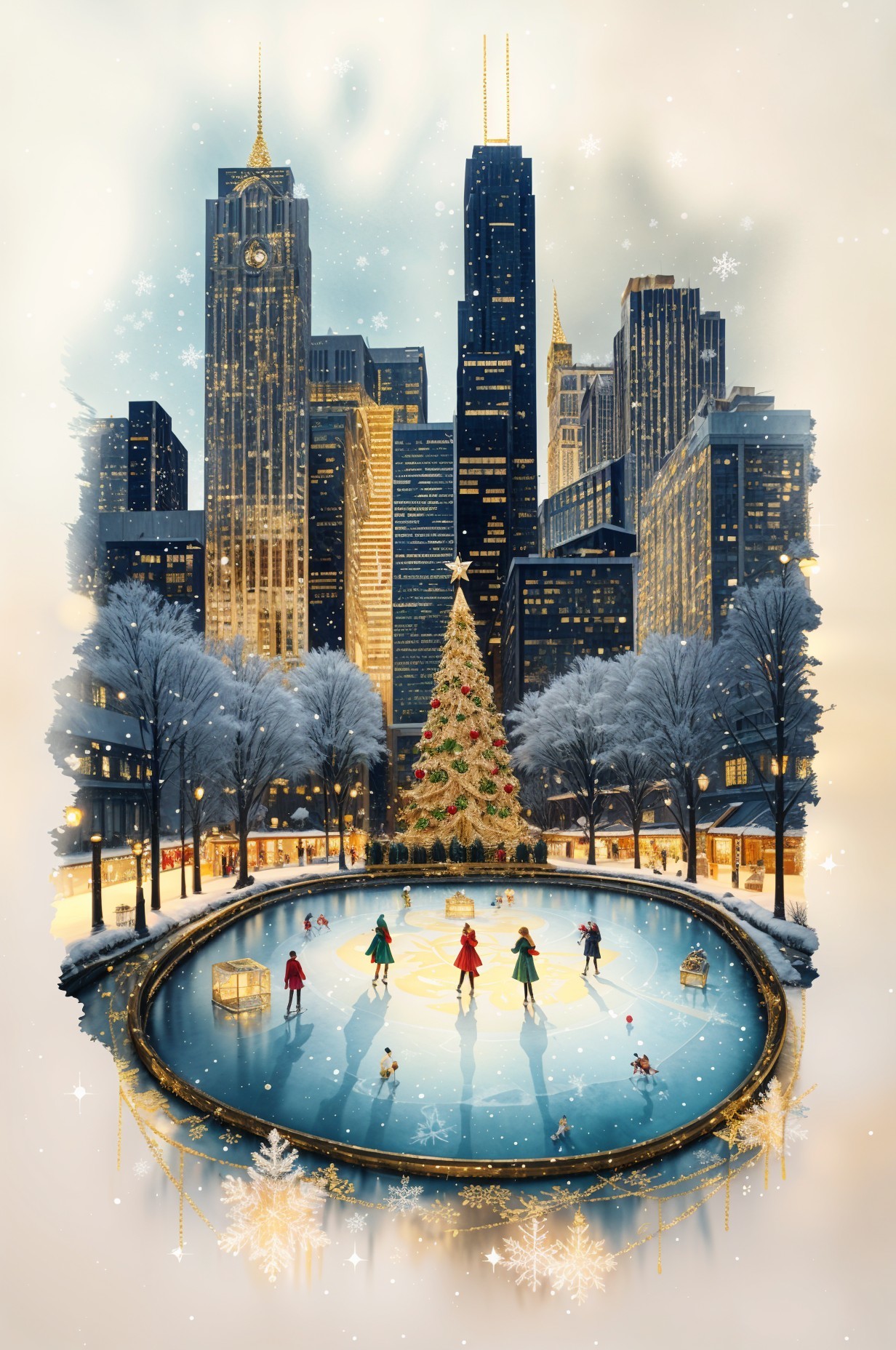 Winter City Scene with Skaters and Christmas Tree