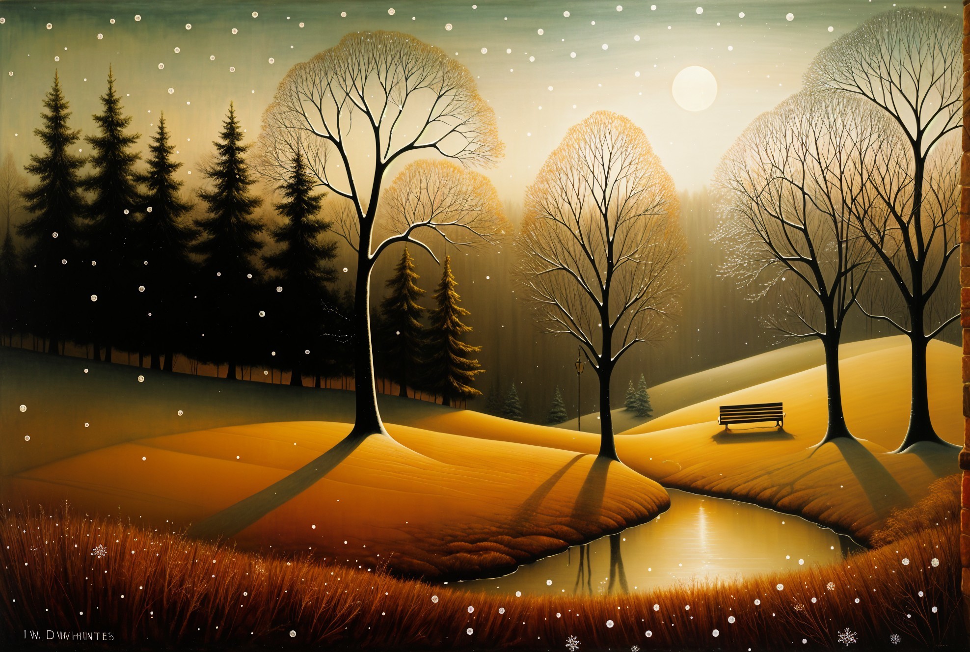 Serene Winter Scene with Pond and Moonlight Reflection