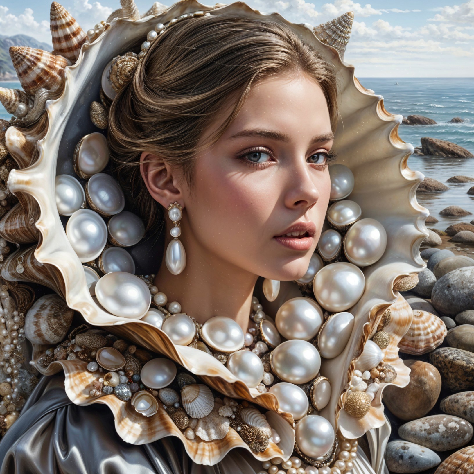 Portrait of a young woman with shell and pearl collar