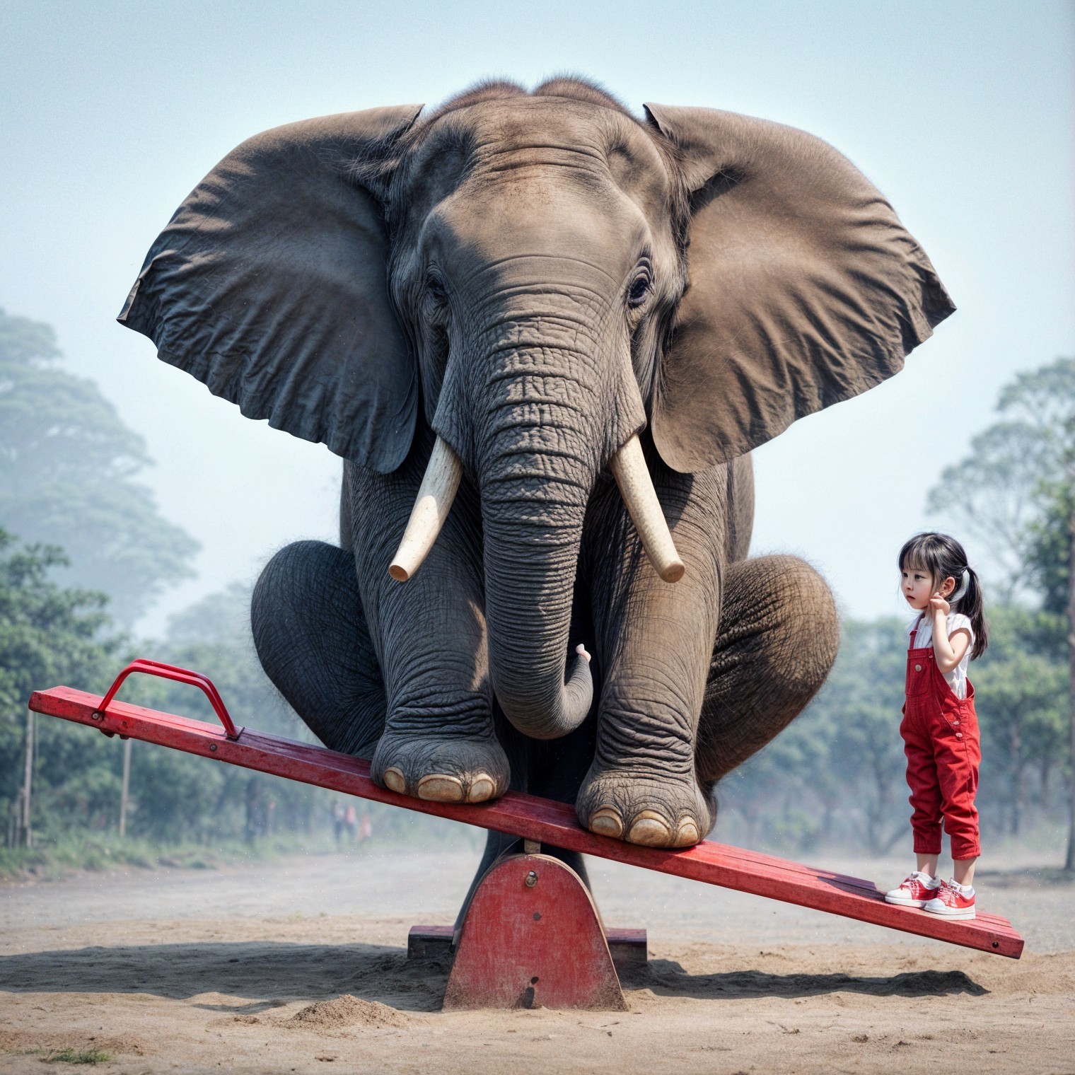 Young Girl and Elephant on a Seesaw in Nature