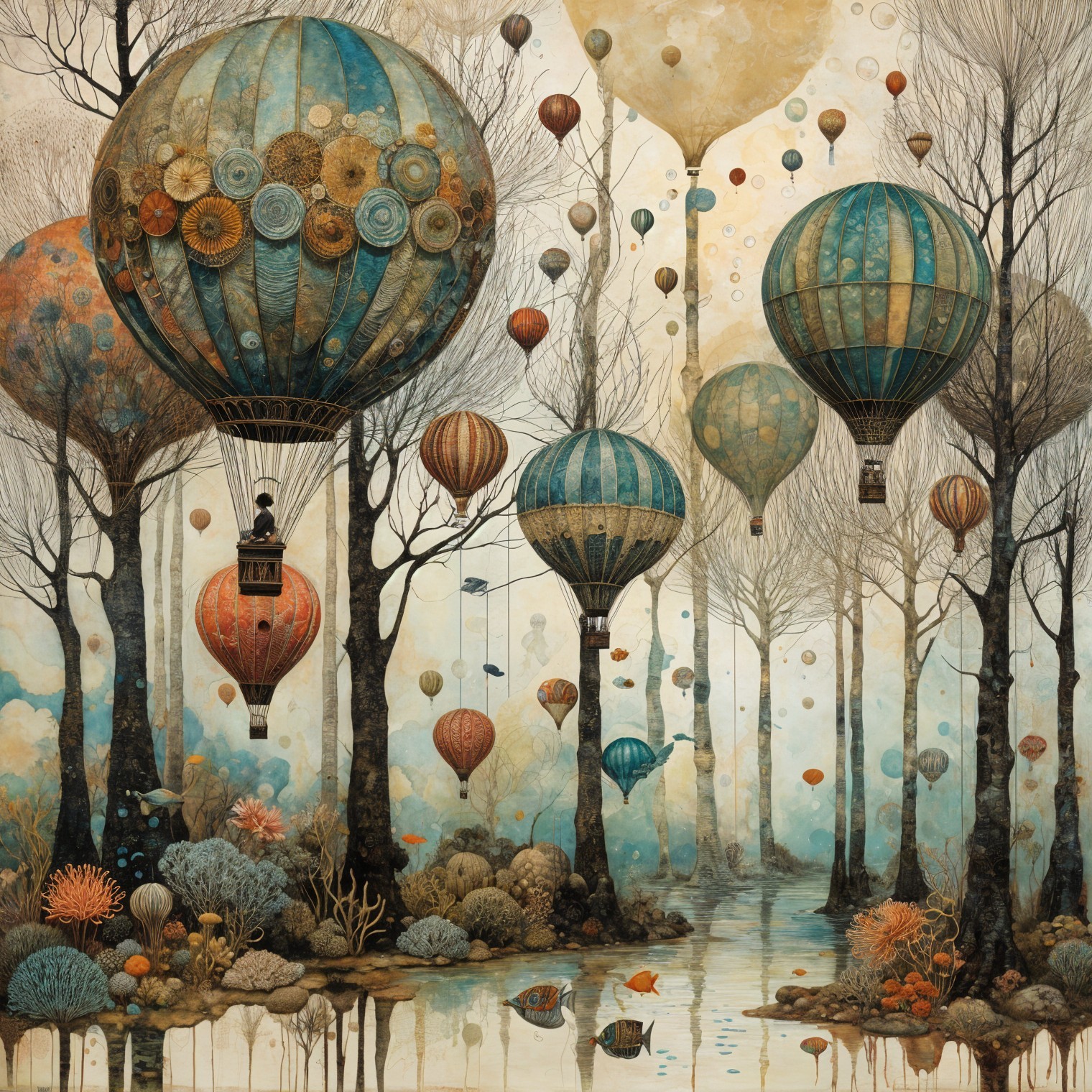 Whimsical Landscape with Hot Air Balloons and Trees