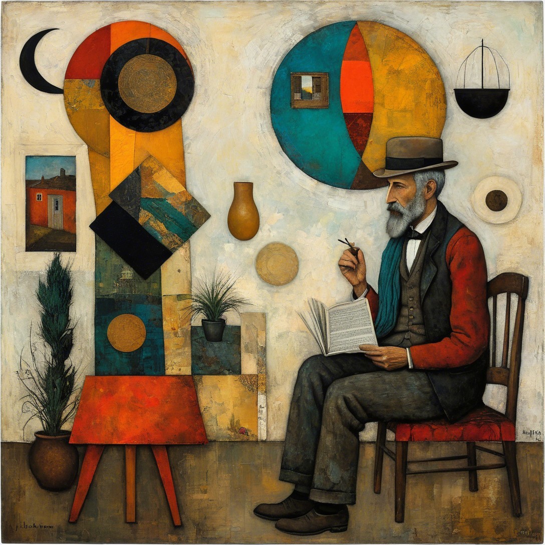 Abstract Oil Painting of an Old Man with Book and Pipe