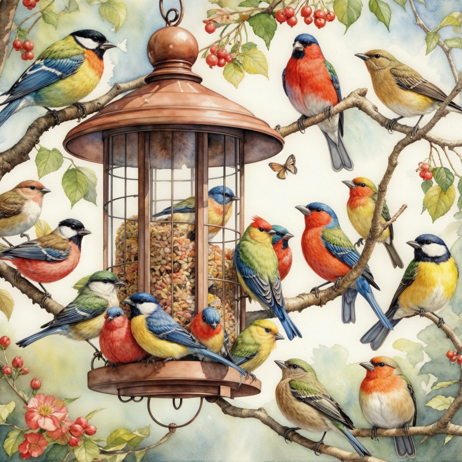 Colorful Birds Gathering Around a Copper Bird Feeder