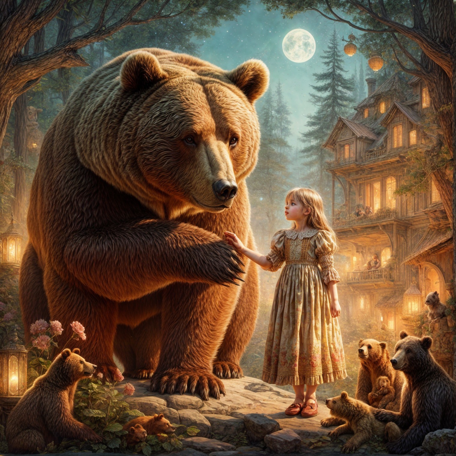 Magical Forest Scene with Girl and Friendly Bear