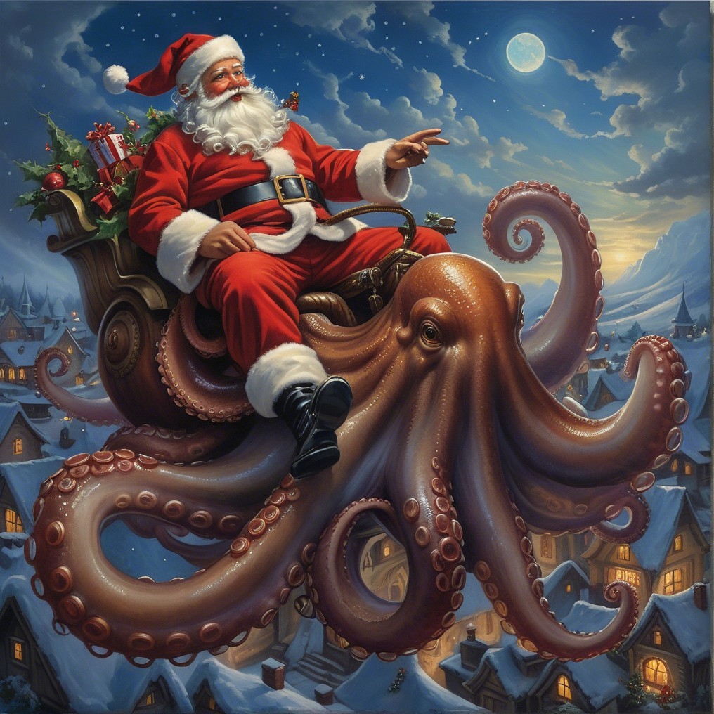 Santa Claus Riding a Colorful Octopus in Night Sky