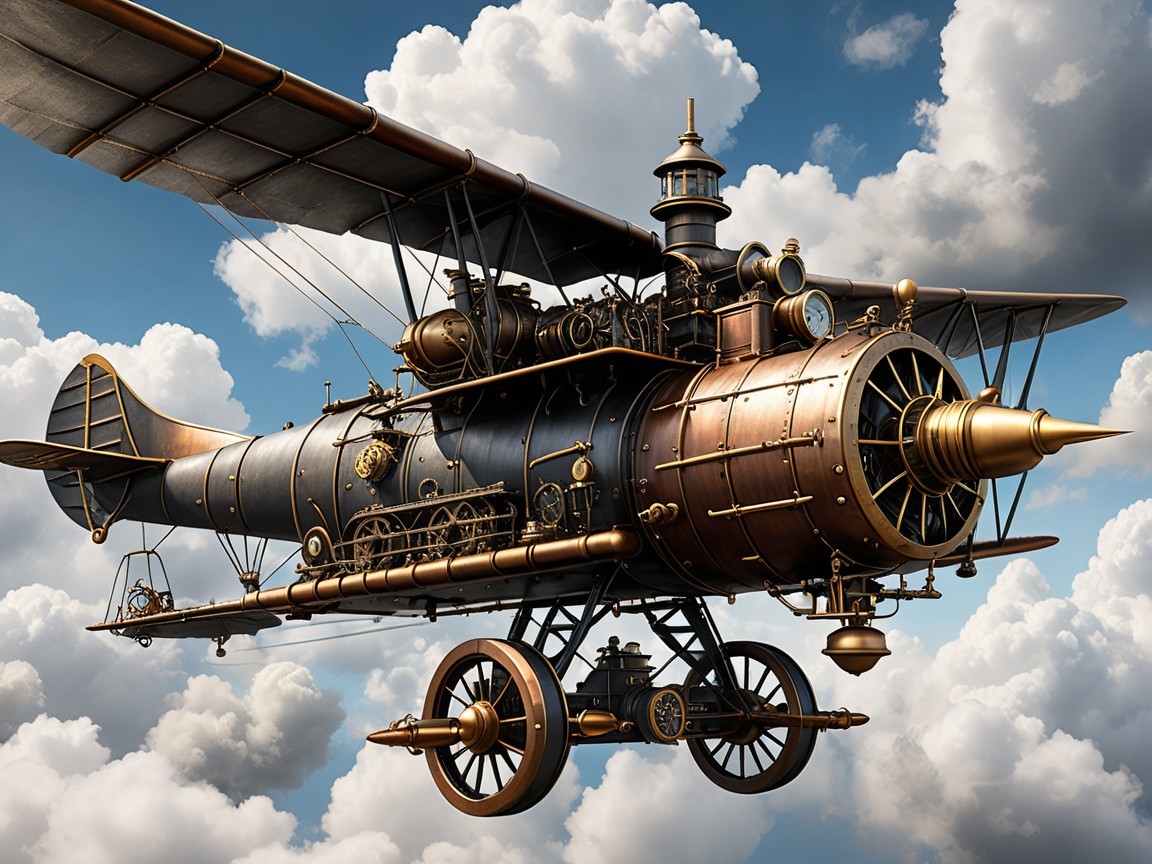 Steampunk Airship with Brass Details in Cloudy Sky