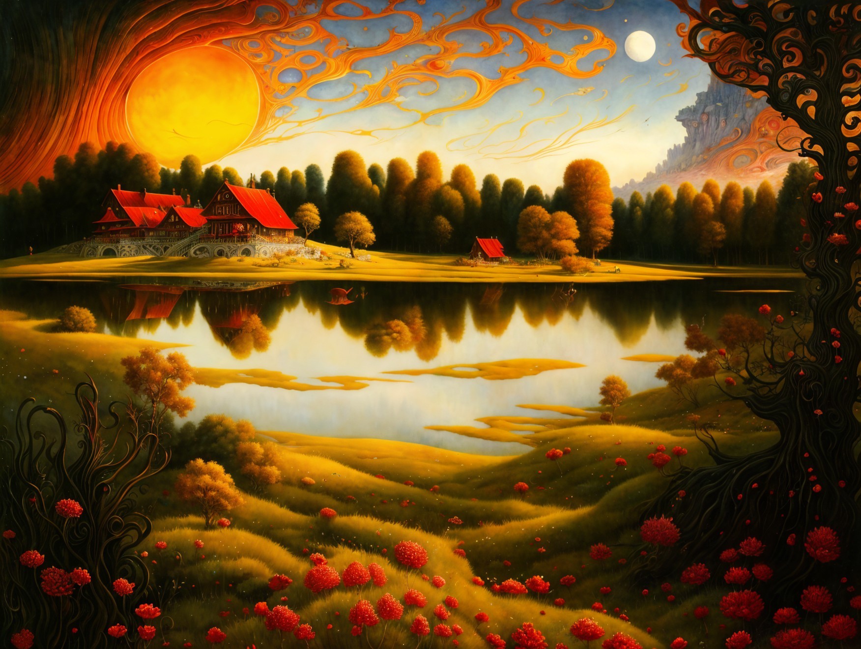 Vibrant Landscape with Sunset, Lake, and Silhouetted Trees