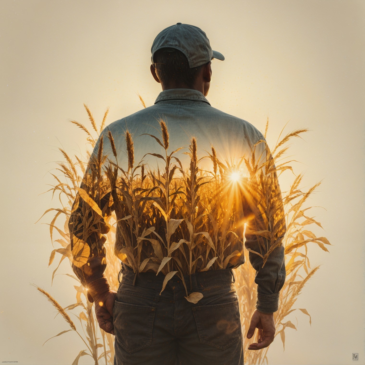 Farmer in Sunset-Illuminated Cornfield Scene