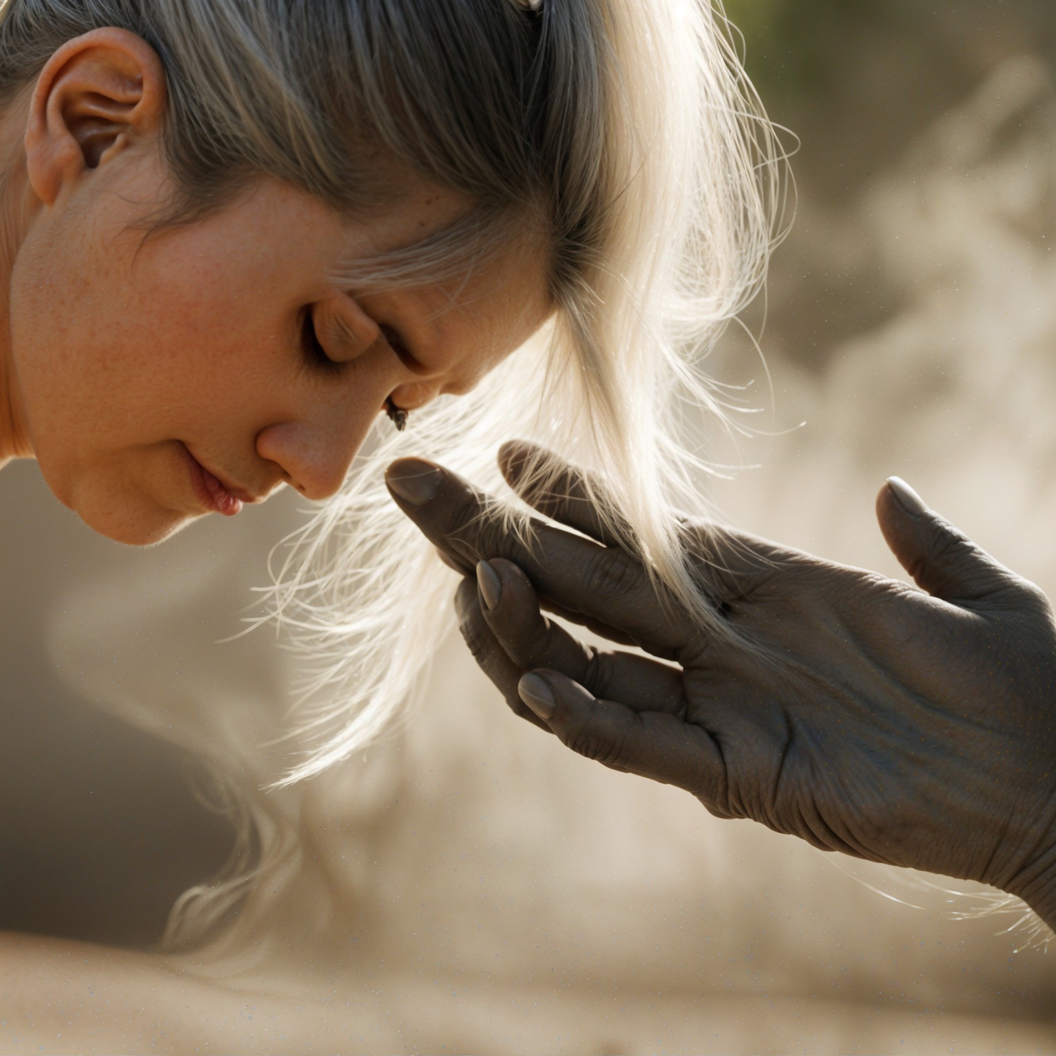 Close-up of a woman in thought with soft haze effects