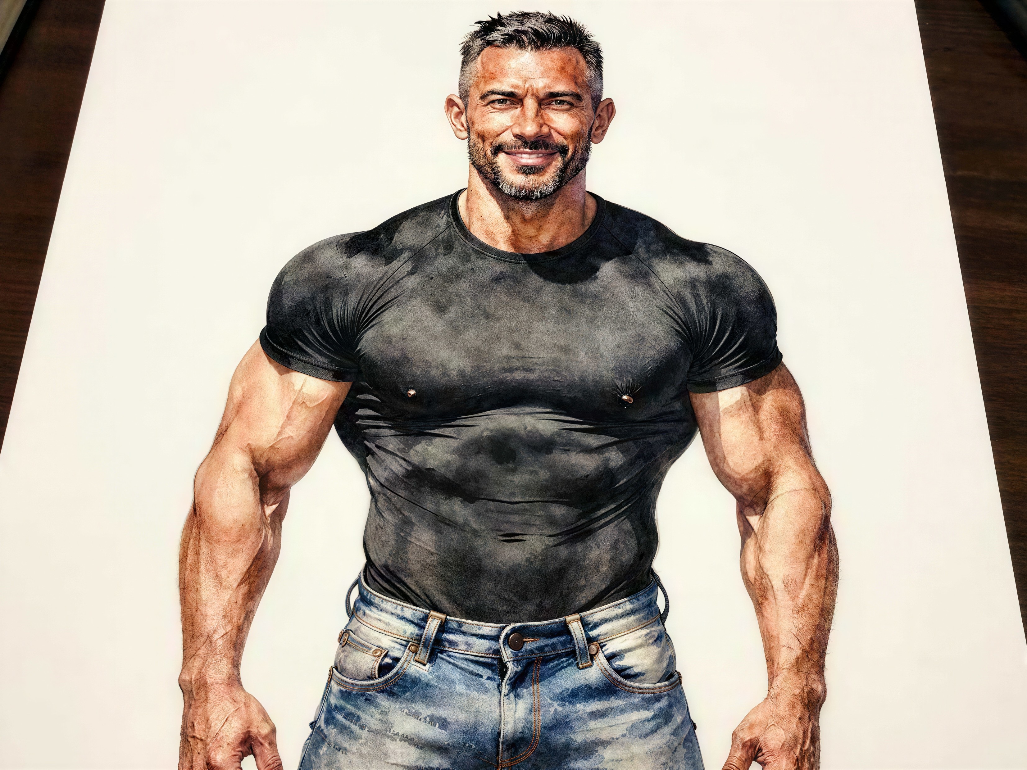 Watercolor and marker illustration of a muscular man