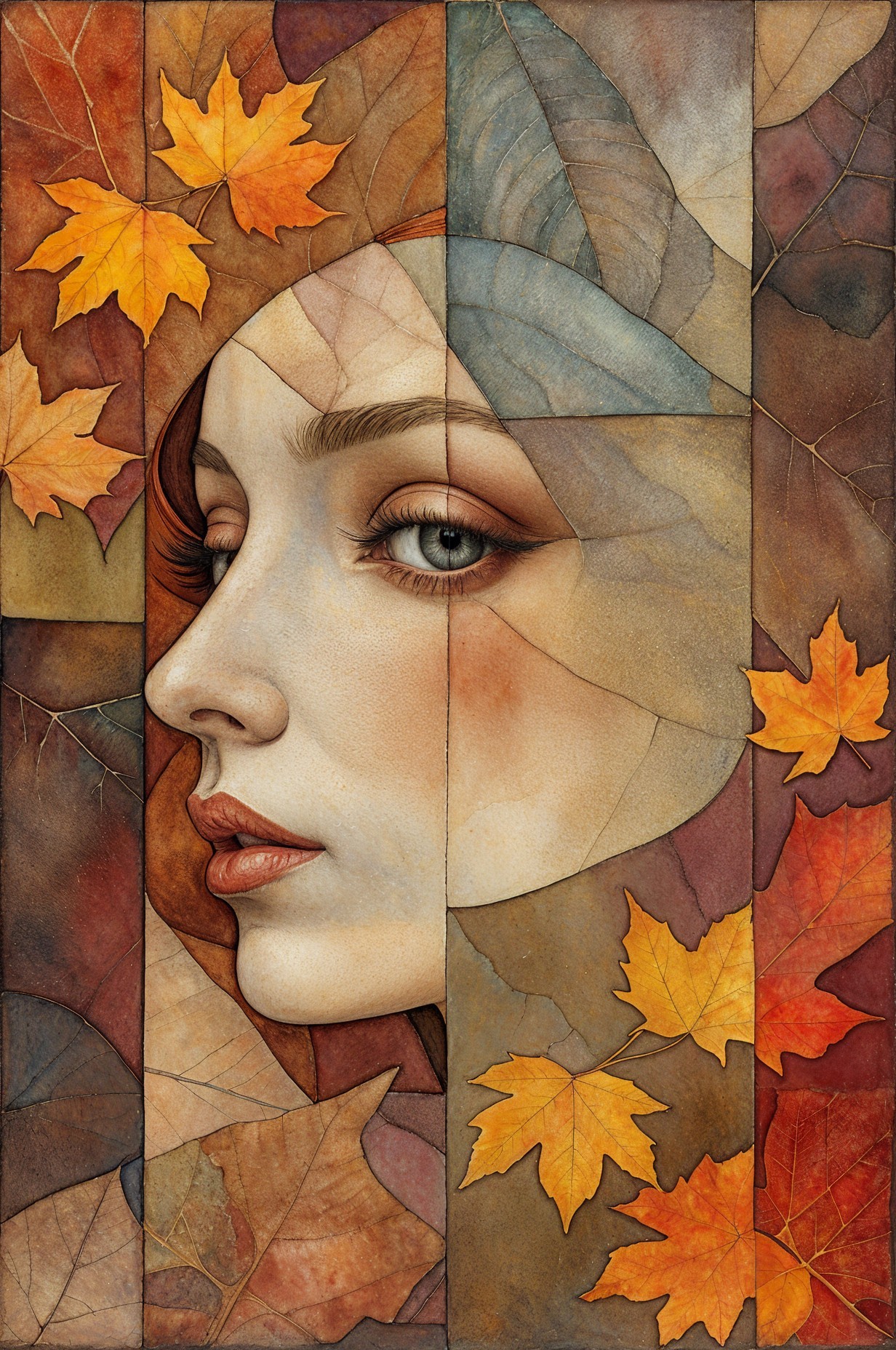 Profile of a Woman Blended with Autumn Leaves