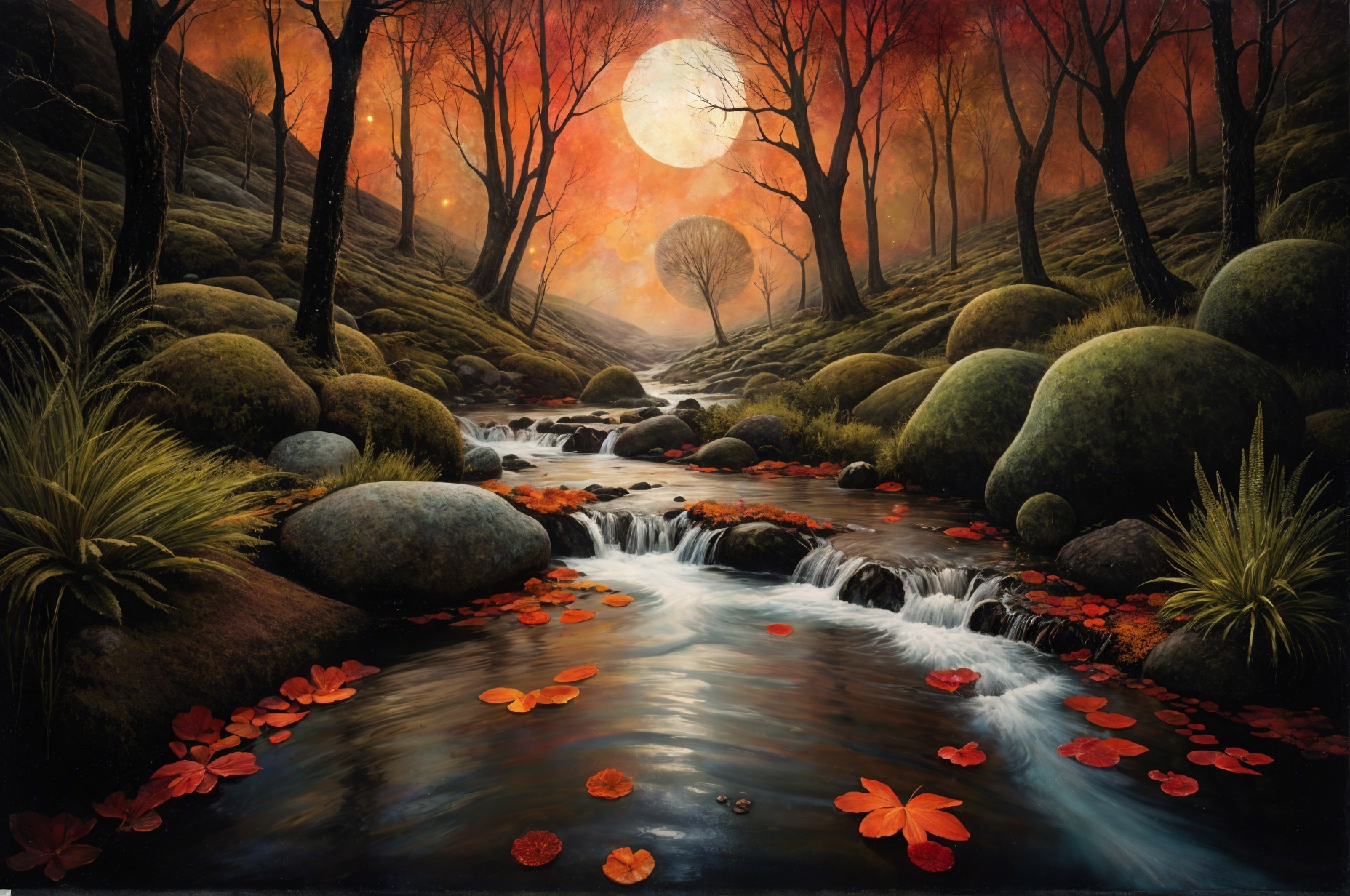 Serene Landscape with Stream and Autumn Leaves