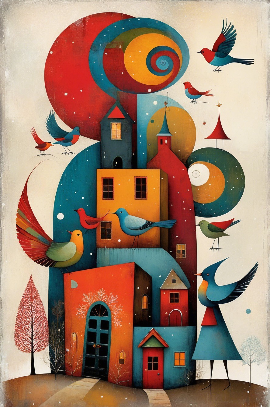 Vertical Abstract Collage of Whimsical Town with Birds