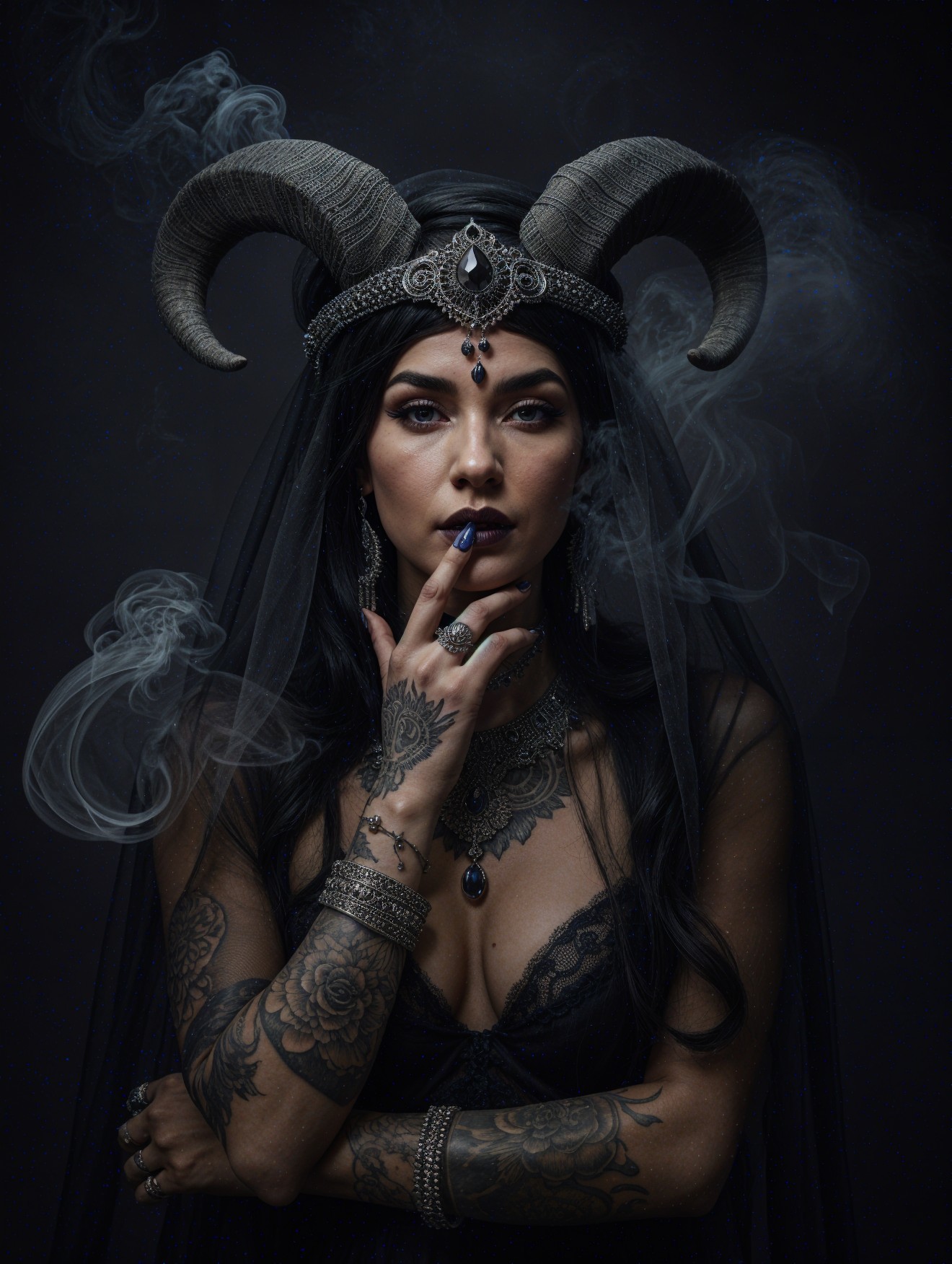 Mysterious Woman in Dark Setting with Intricate Jewelry