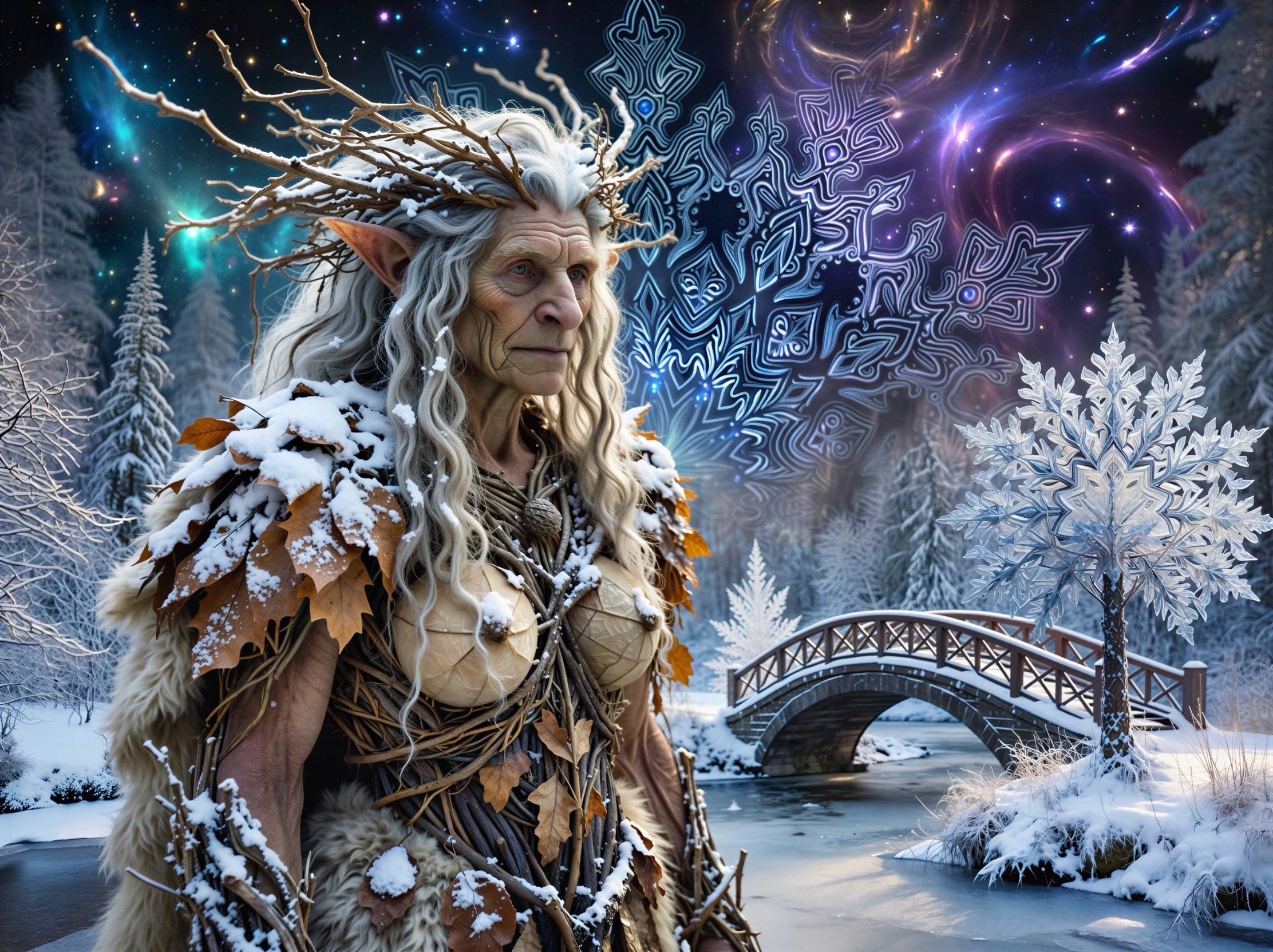 Old Female Nature Spirit in Snowy Forest Scene