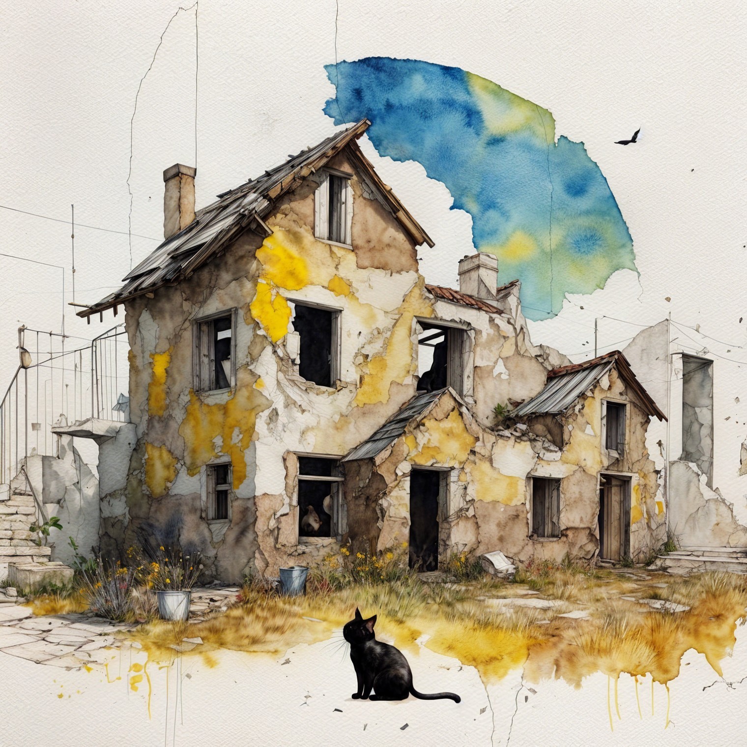 Watercolor of a dilapidated house and a black cat