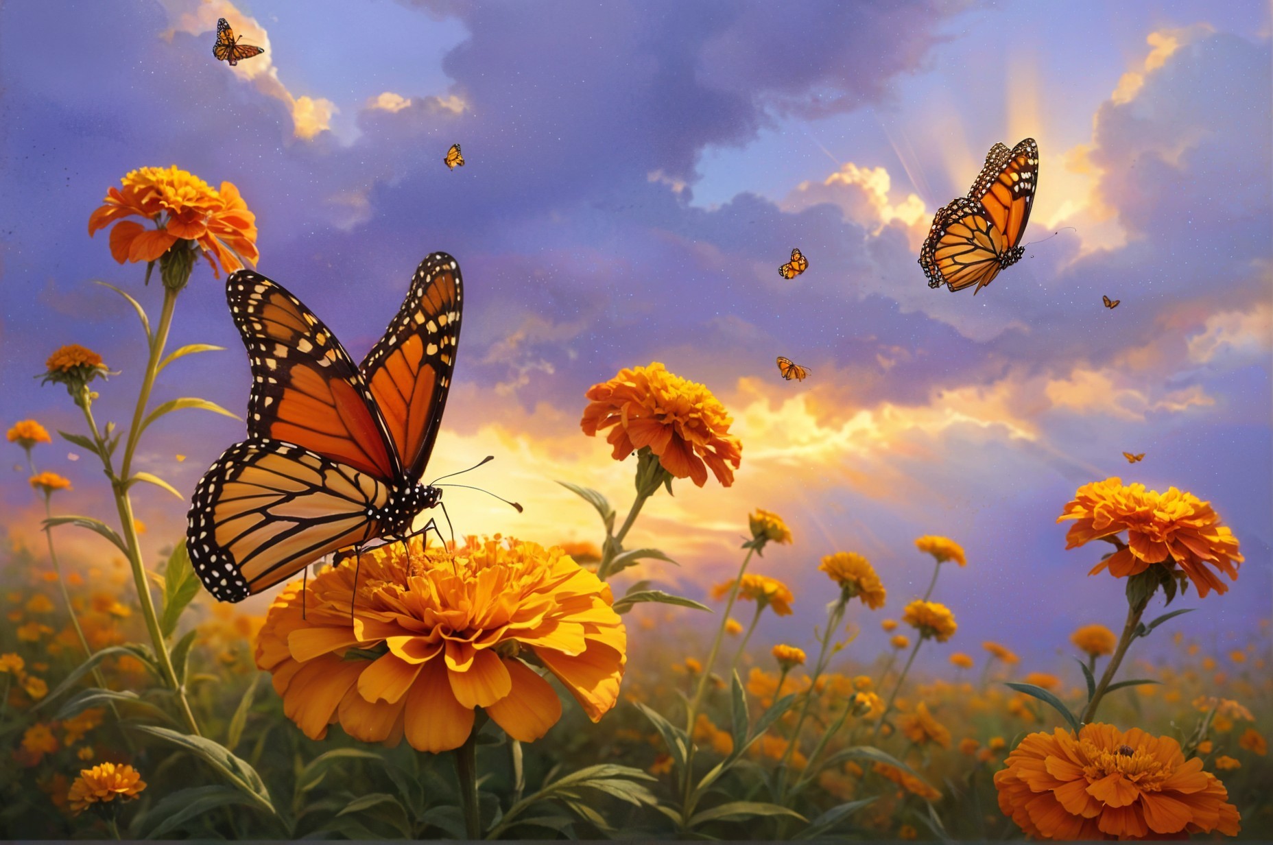 Monarch Butterflies in a Marigold Field at Sunset