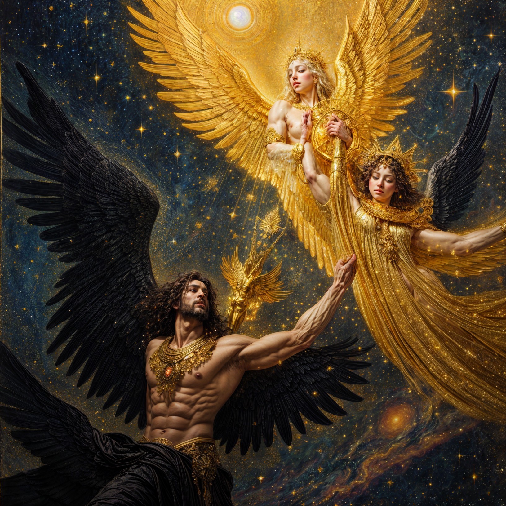 Ethereal Figures with Wings in Cosmic Background