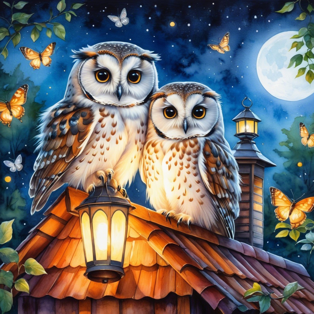 Owls on Rooftop Under Starry Night with Butterflies