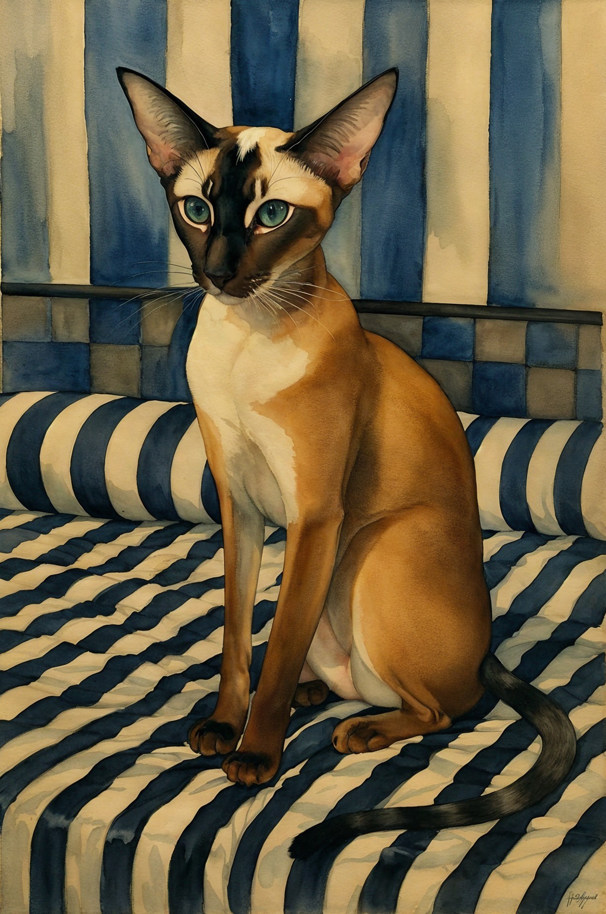 Siamese Cat on Striped Blue and White Surface