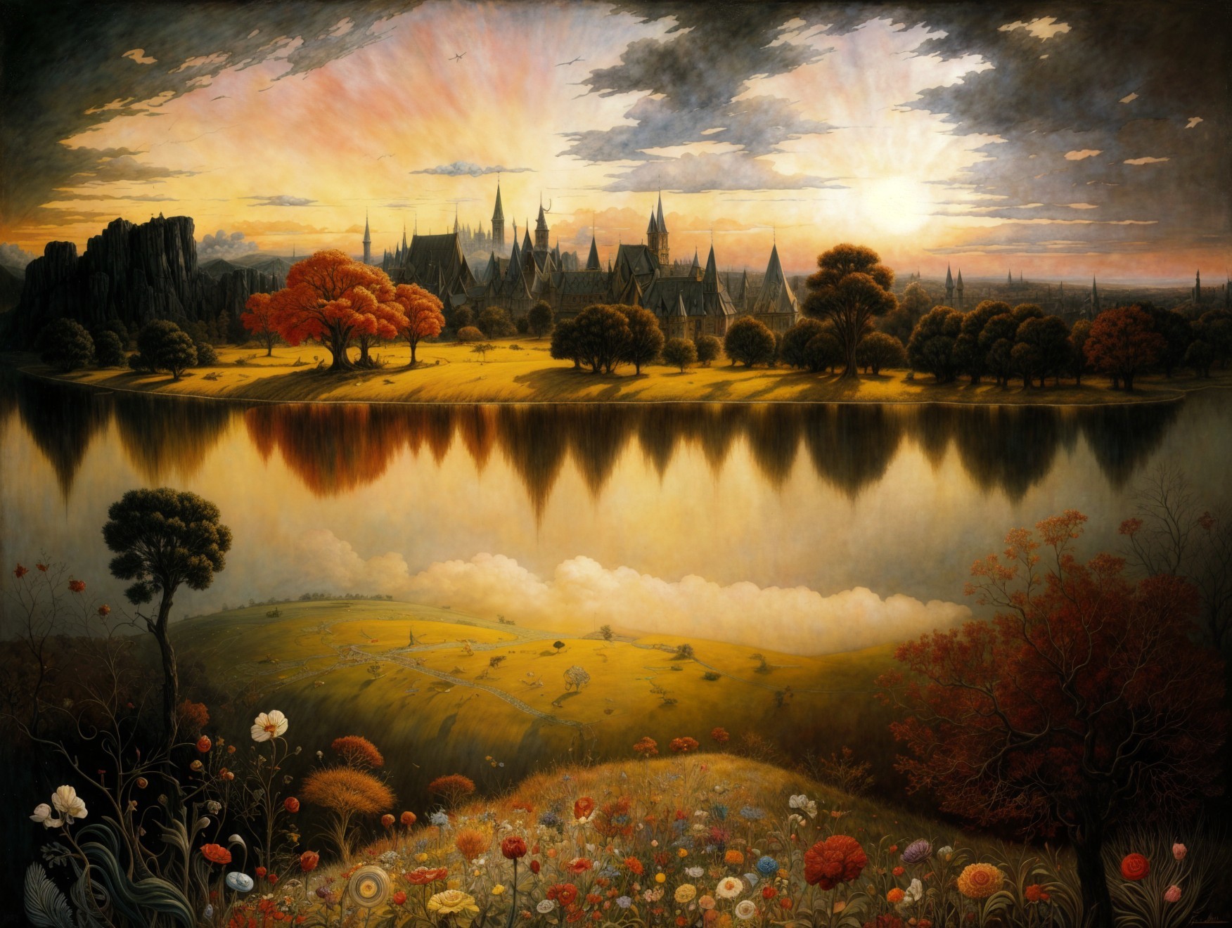 Serene Lake Landscape with Vibrant Sunset and Village