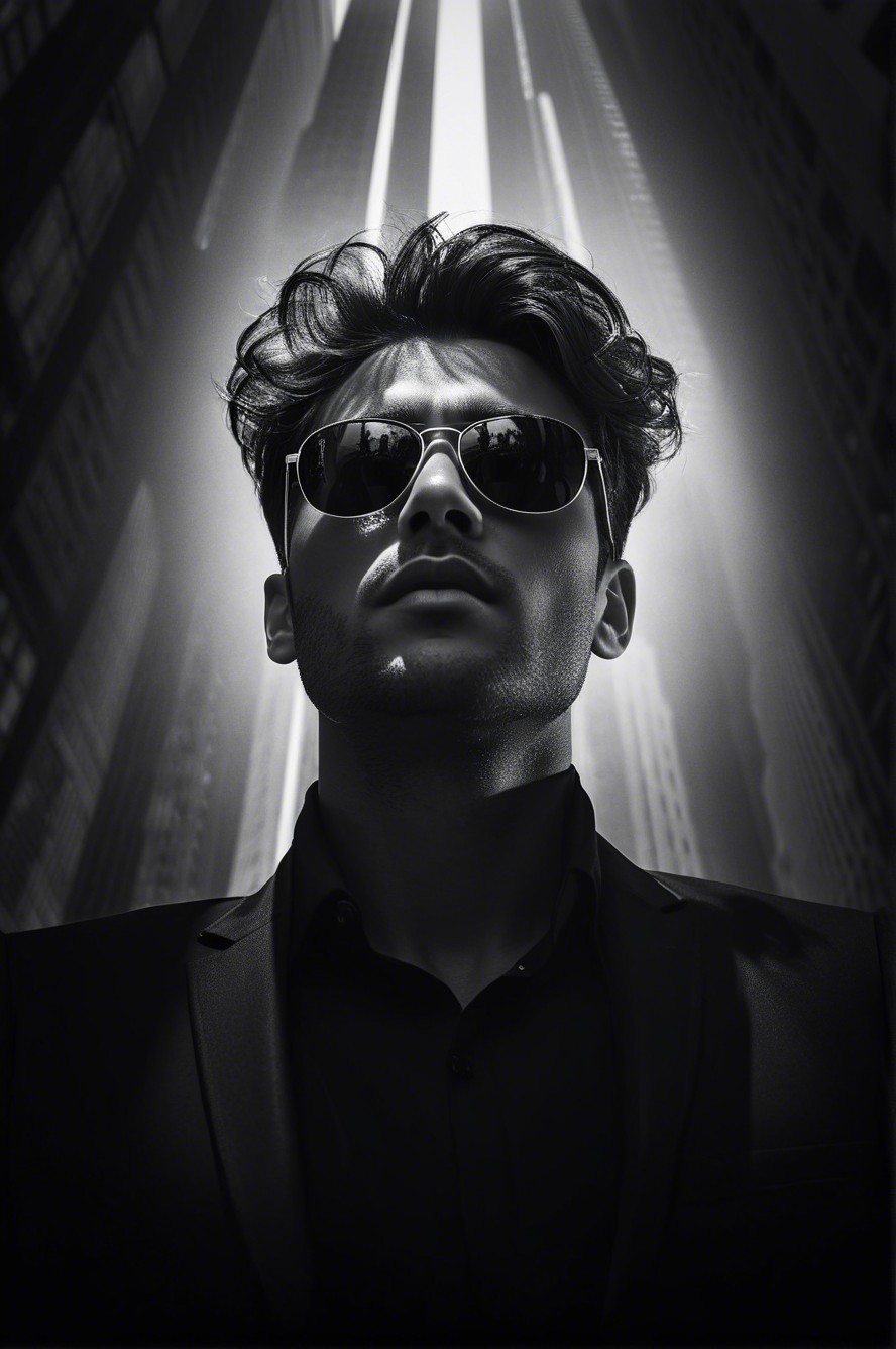 Stylish Young Man in Black Suit Against Urban Skyscrapers