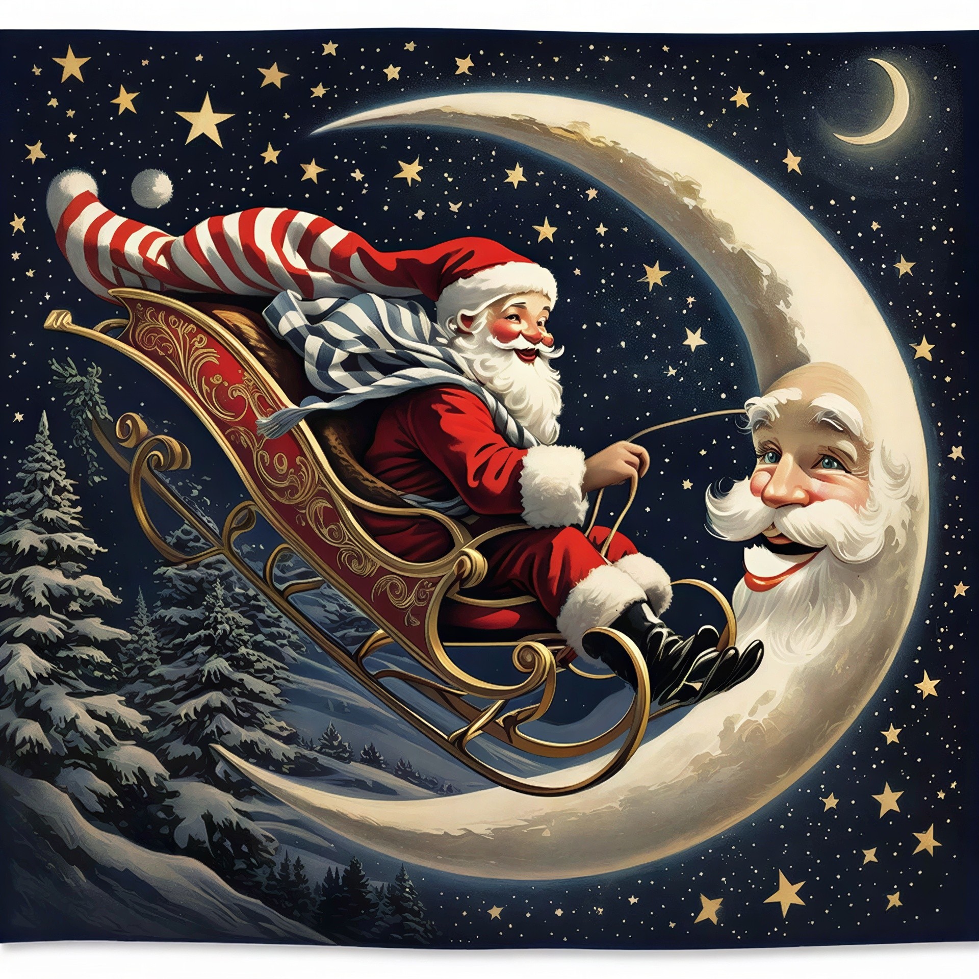 Santa Claus in Sleigh Over Crescent Moon at Night