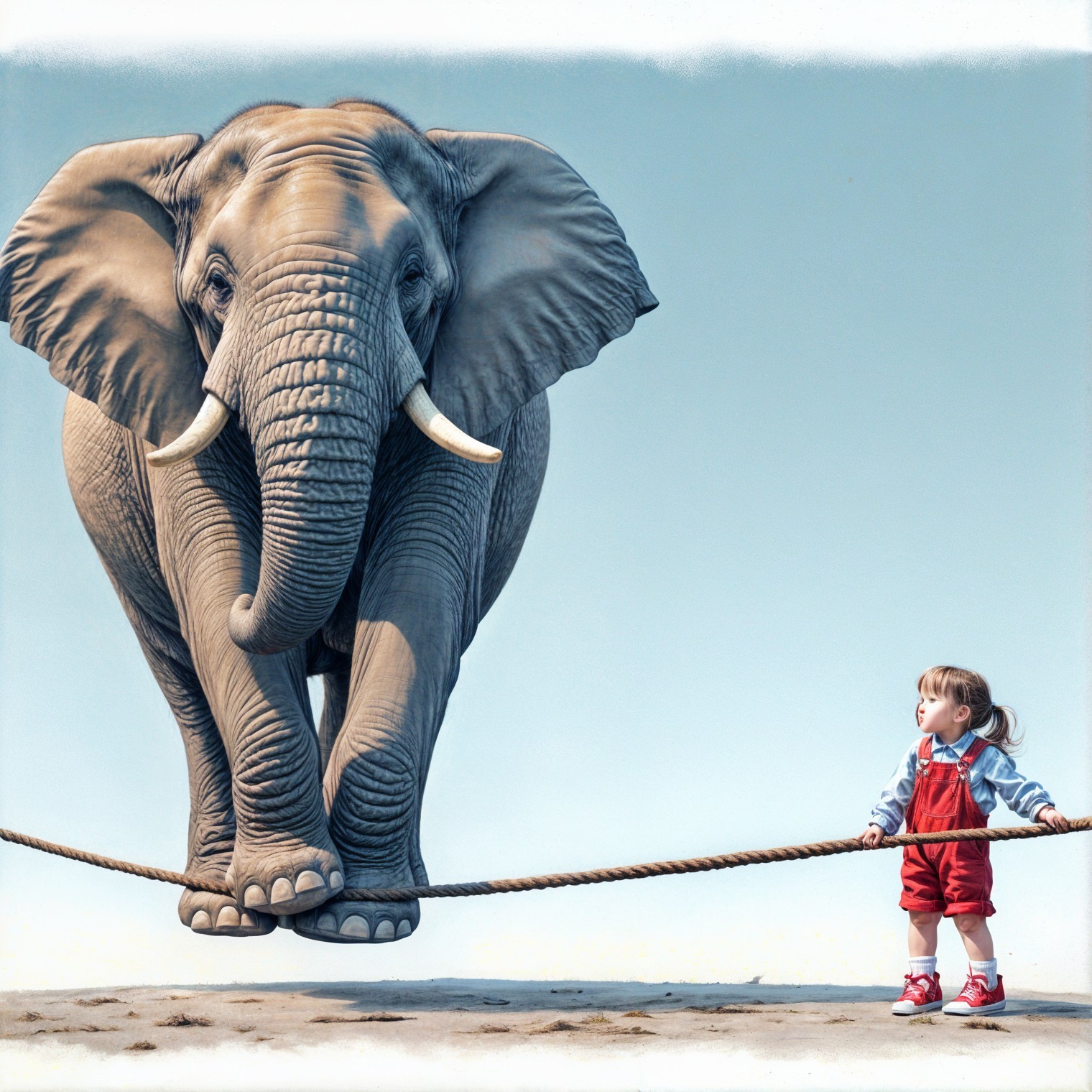 Young Girl in Red Overalls with Elephant on Sand
